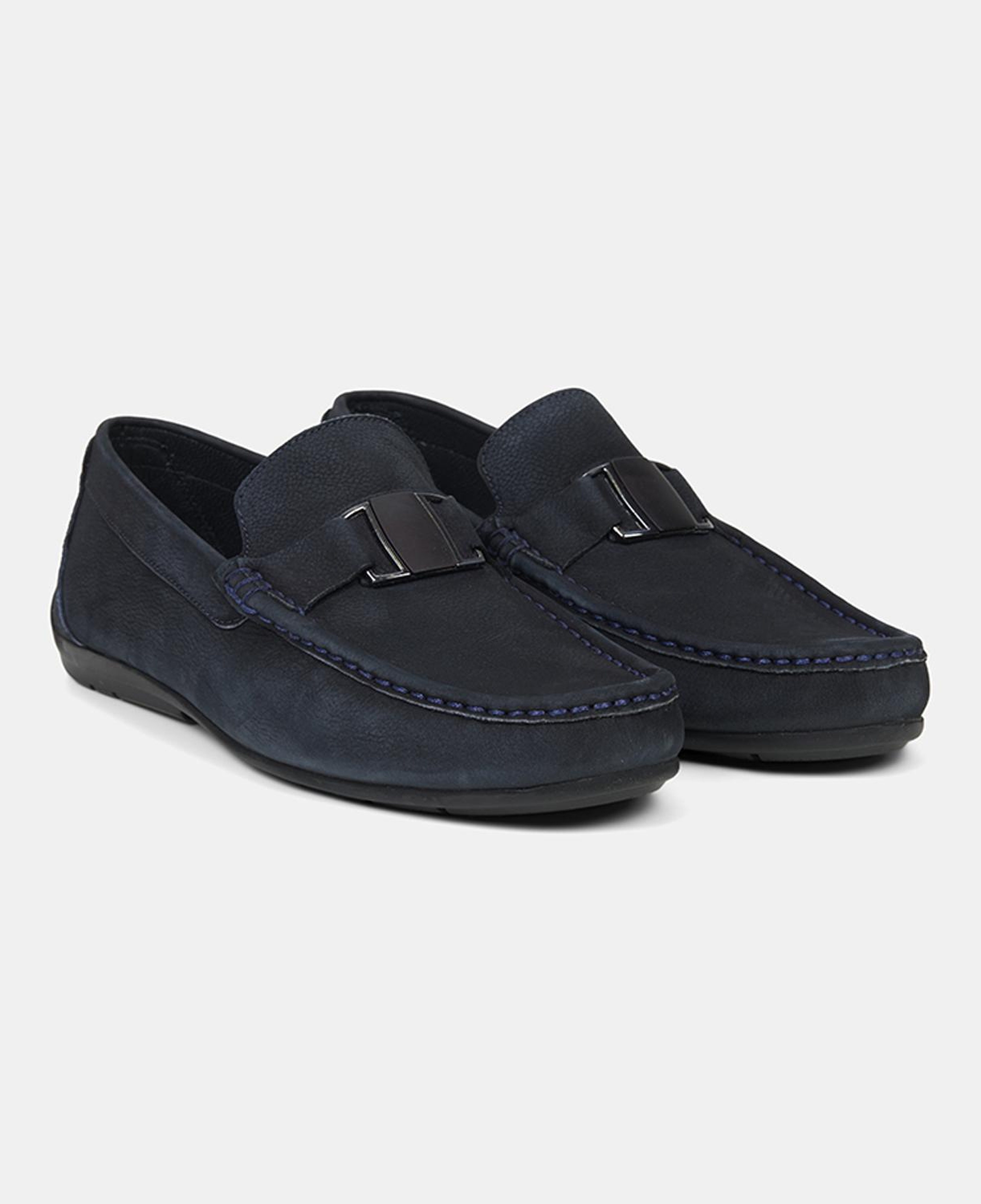 Erkek Lacivert Metal Aksesuarlı Nubuk Deri Loafer