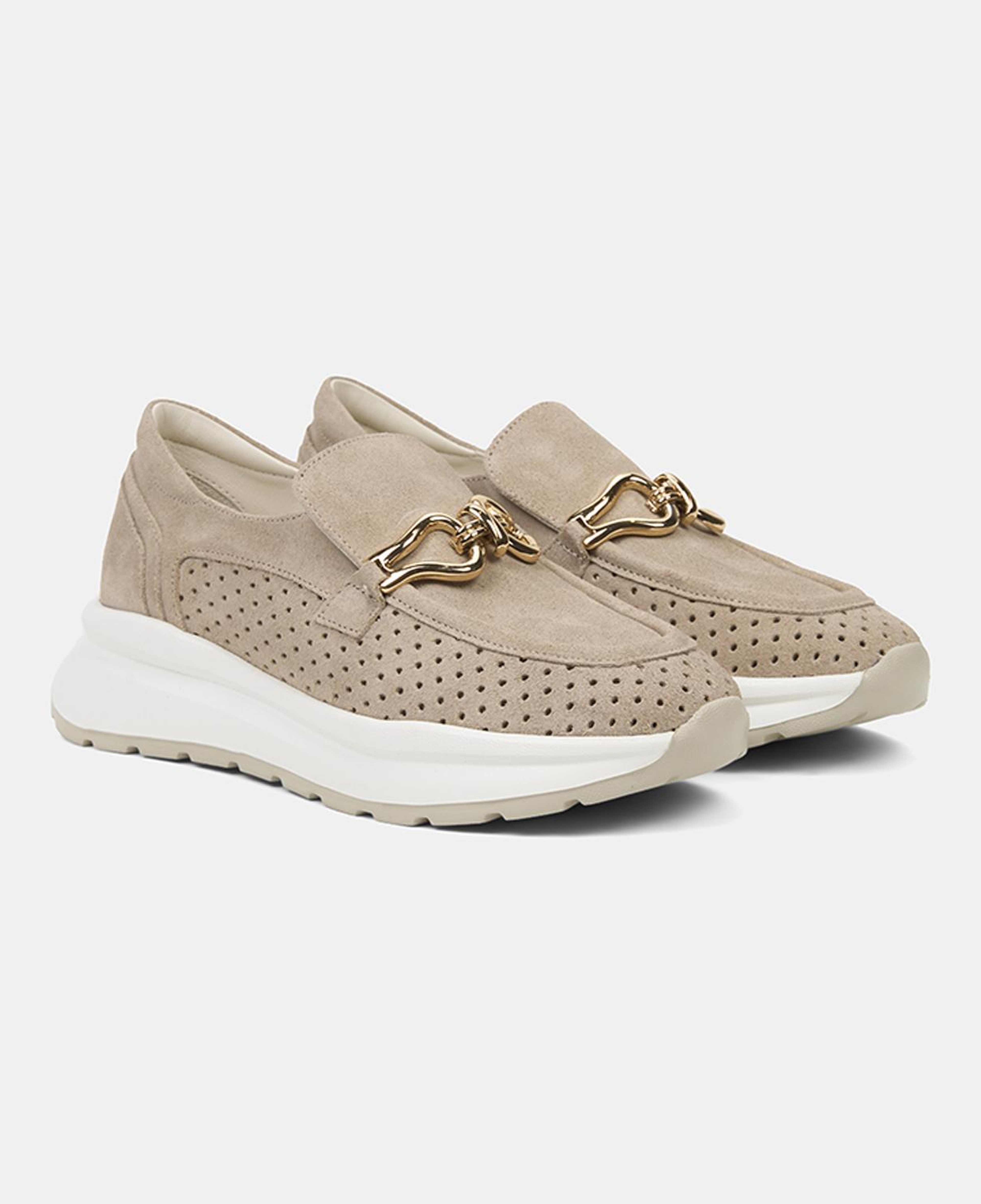 Kadın Bej Metal Aksesuarlı Dolgu Topuklu Süet Spor Ayakkabı