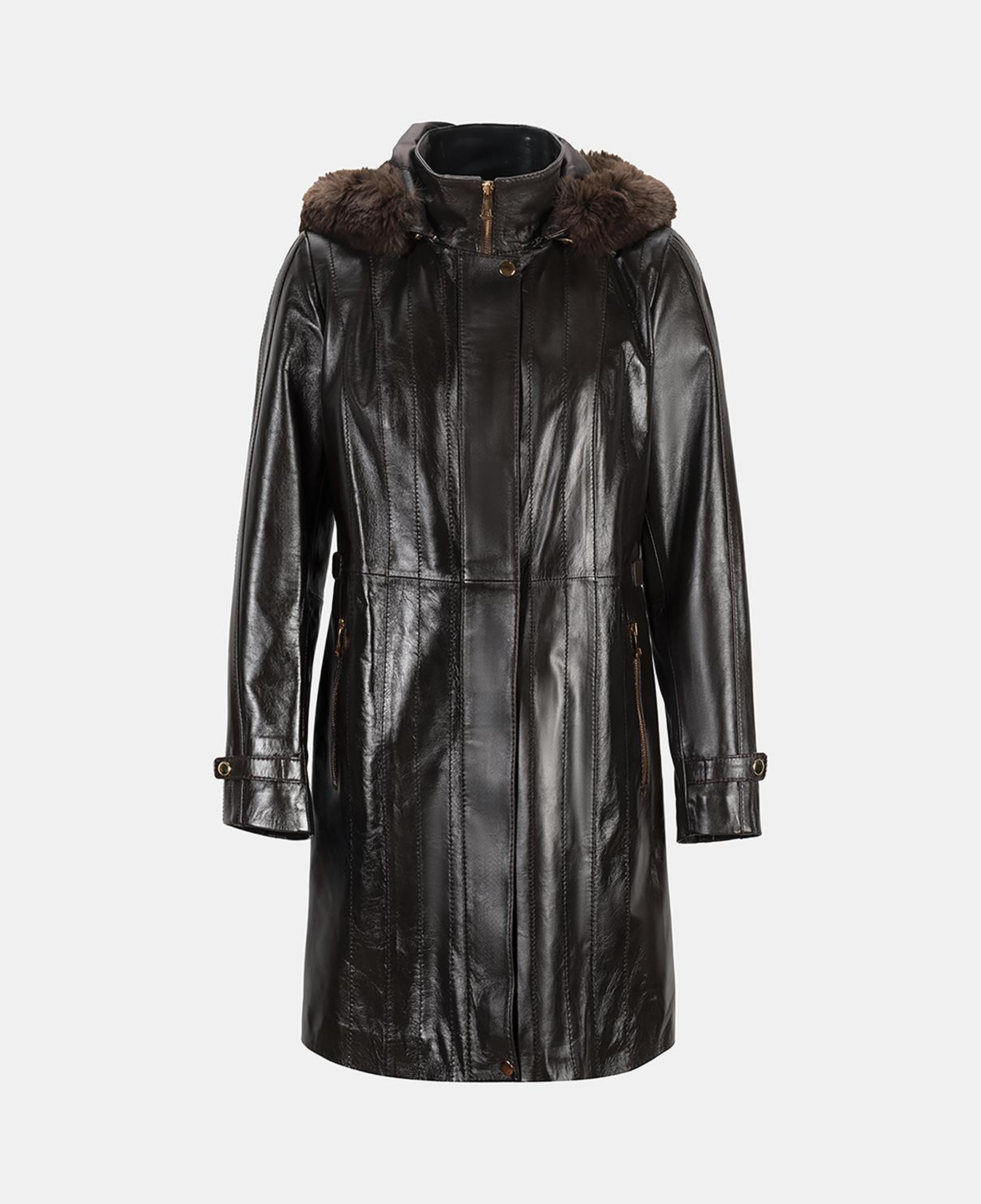 Kadın Koyu Kahve Hakim Yakalı Kapüşonlu Deri Kaban