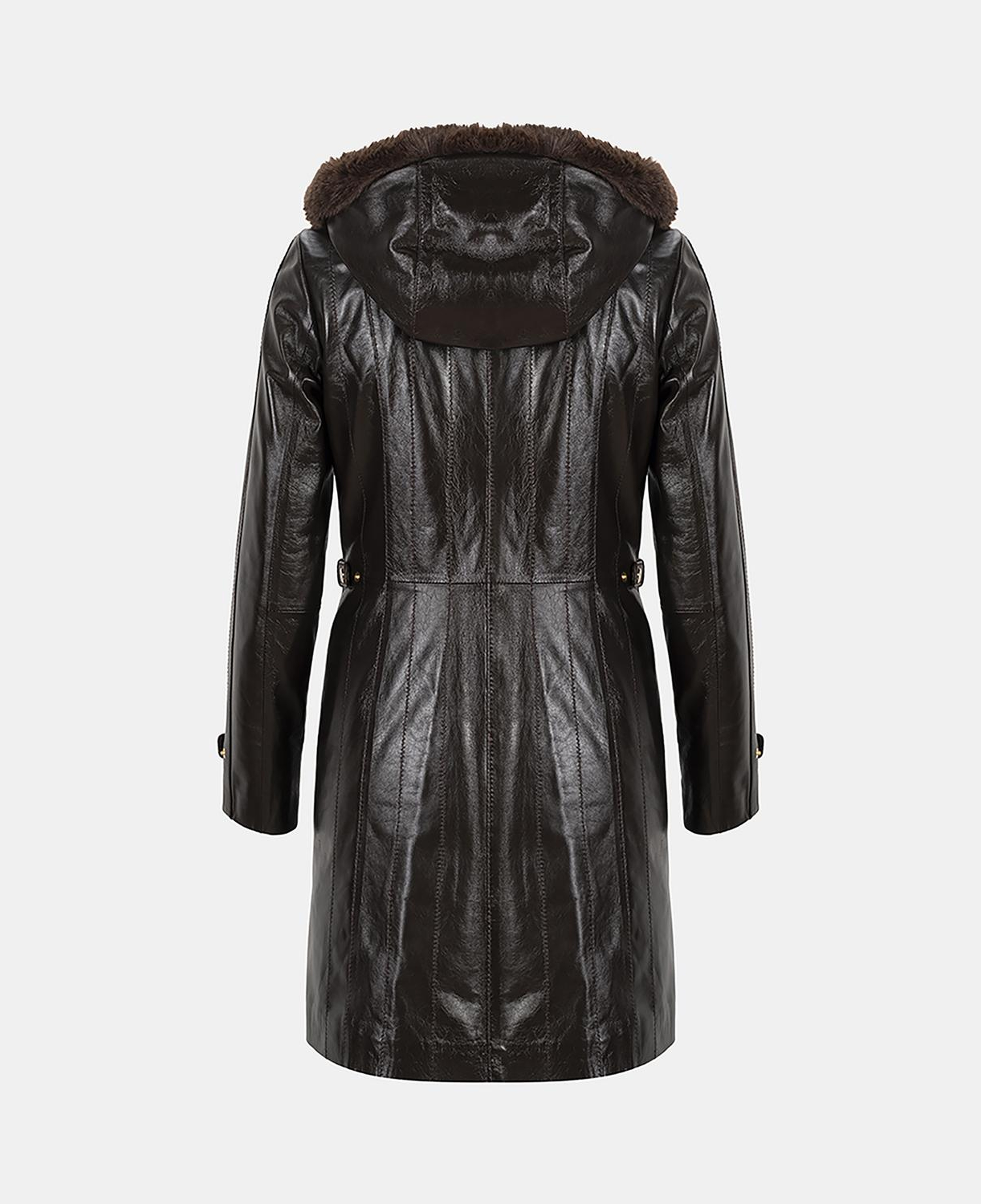 Kadın Koyu Kahve Hakim Yakalı Kapüşonlu Deri Kaban