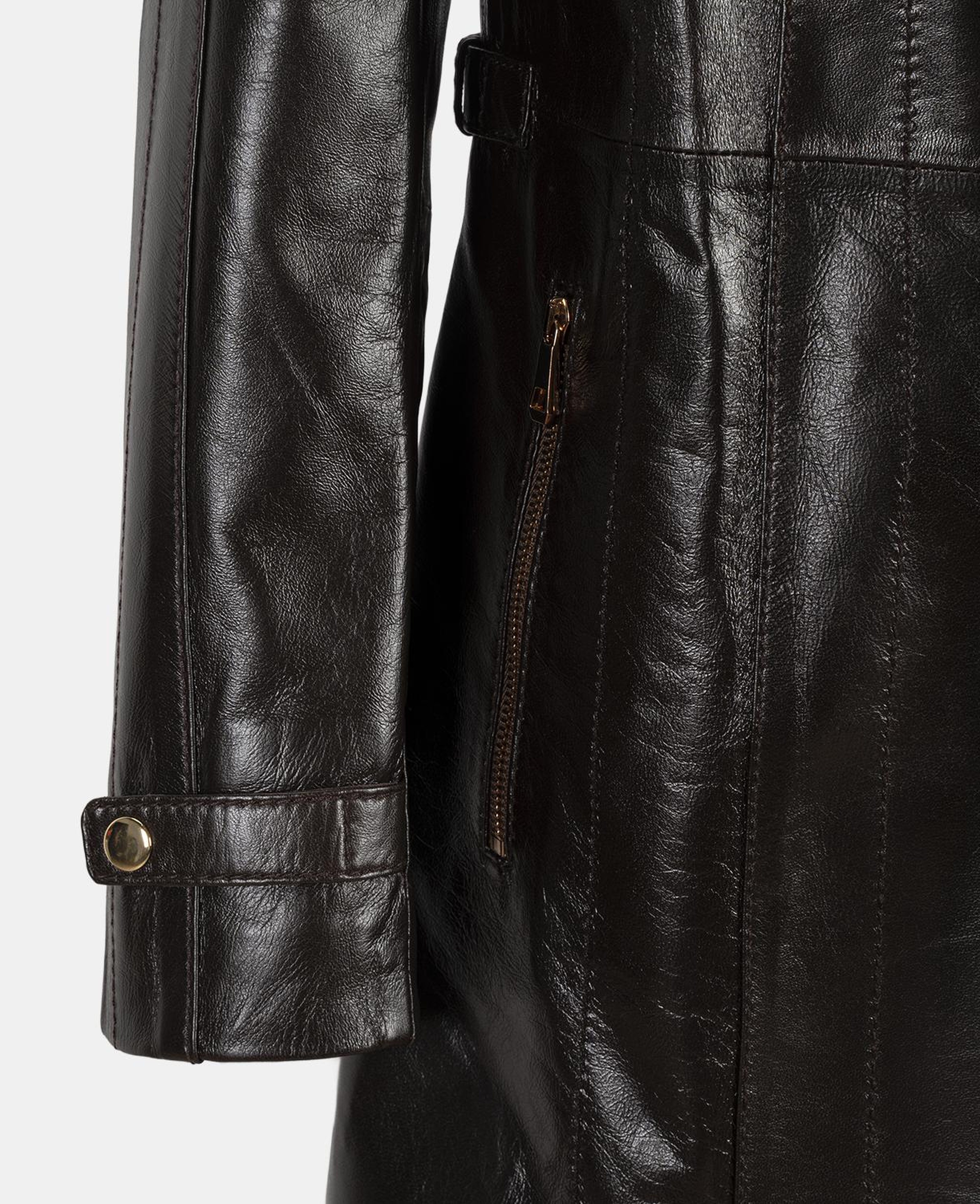 Kadın Koyu Kahve Hakim Yakalı Kapüşonlu Deri Kaban