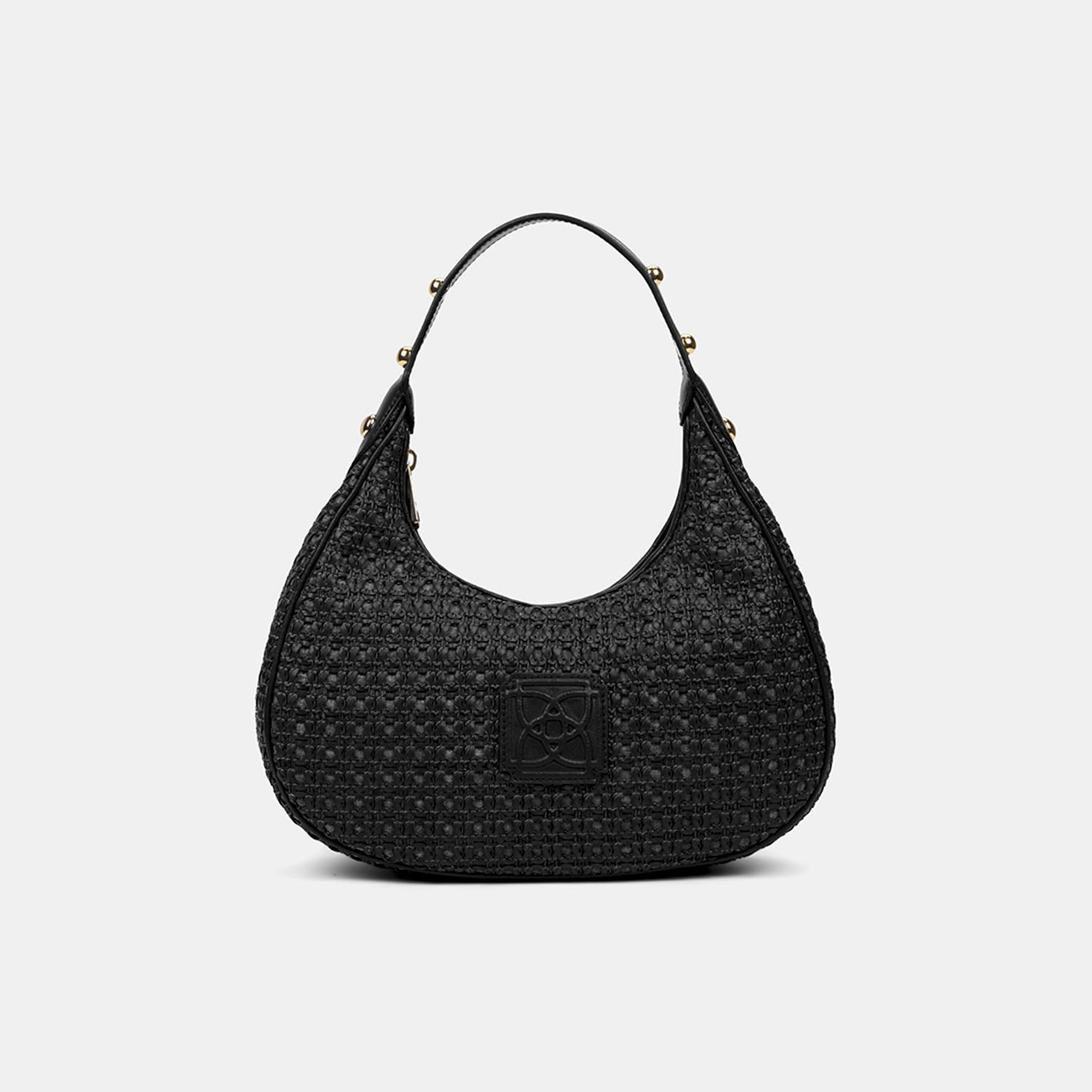 Kadın Siyah Örgü Detaylı Gold Aksesuarlı Omuz Çantası