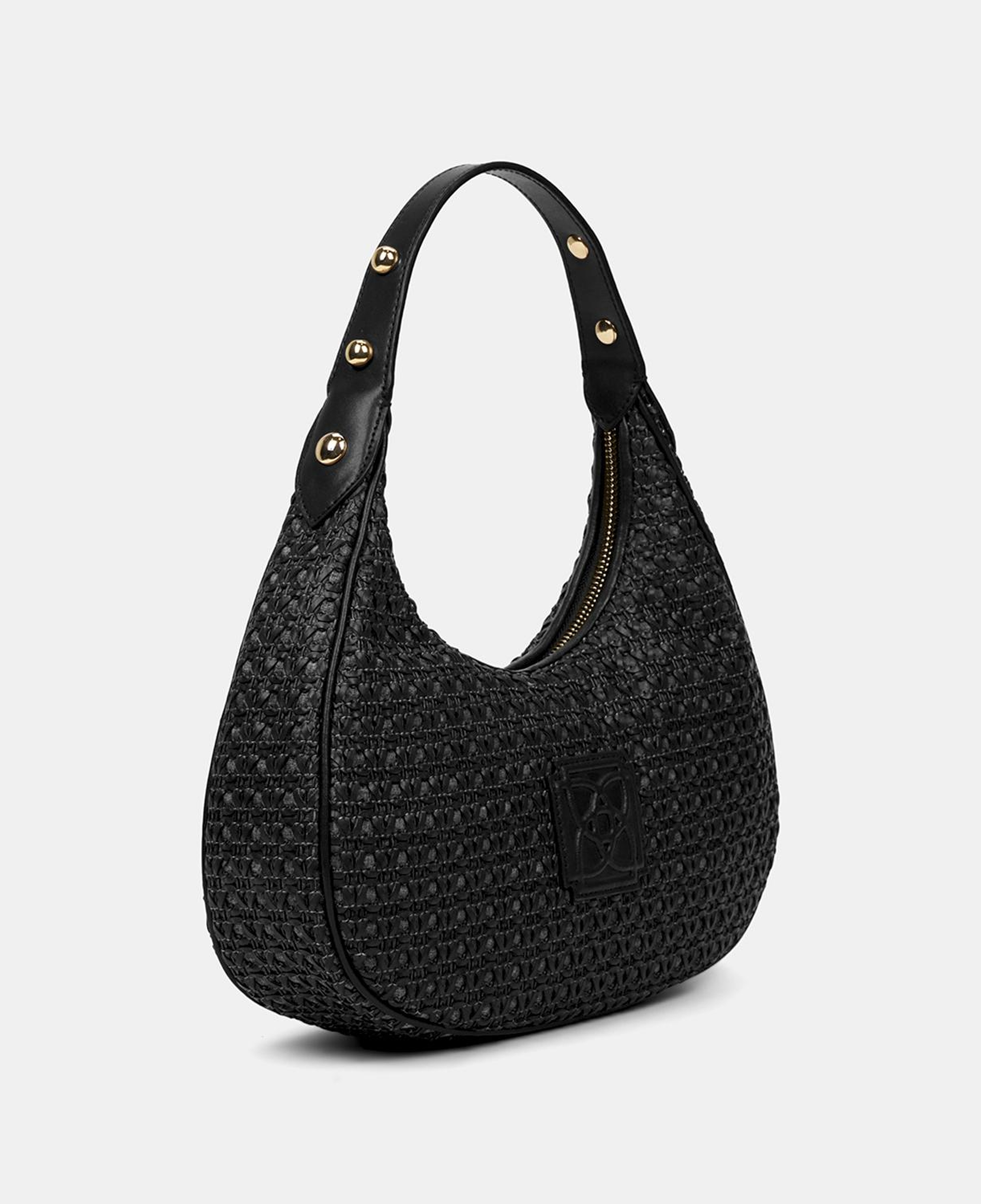 Kadın Siyah Örgü Detaylı Gold Aksesuarlı Omuz Çantası