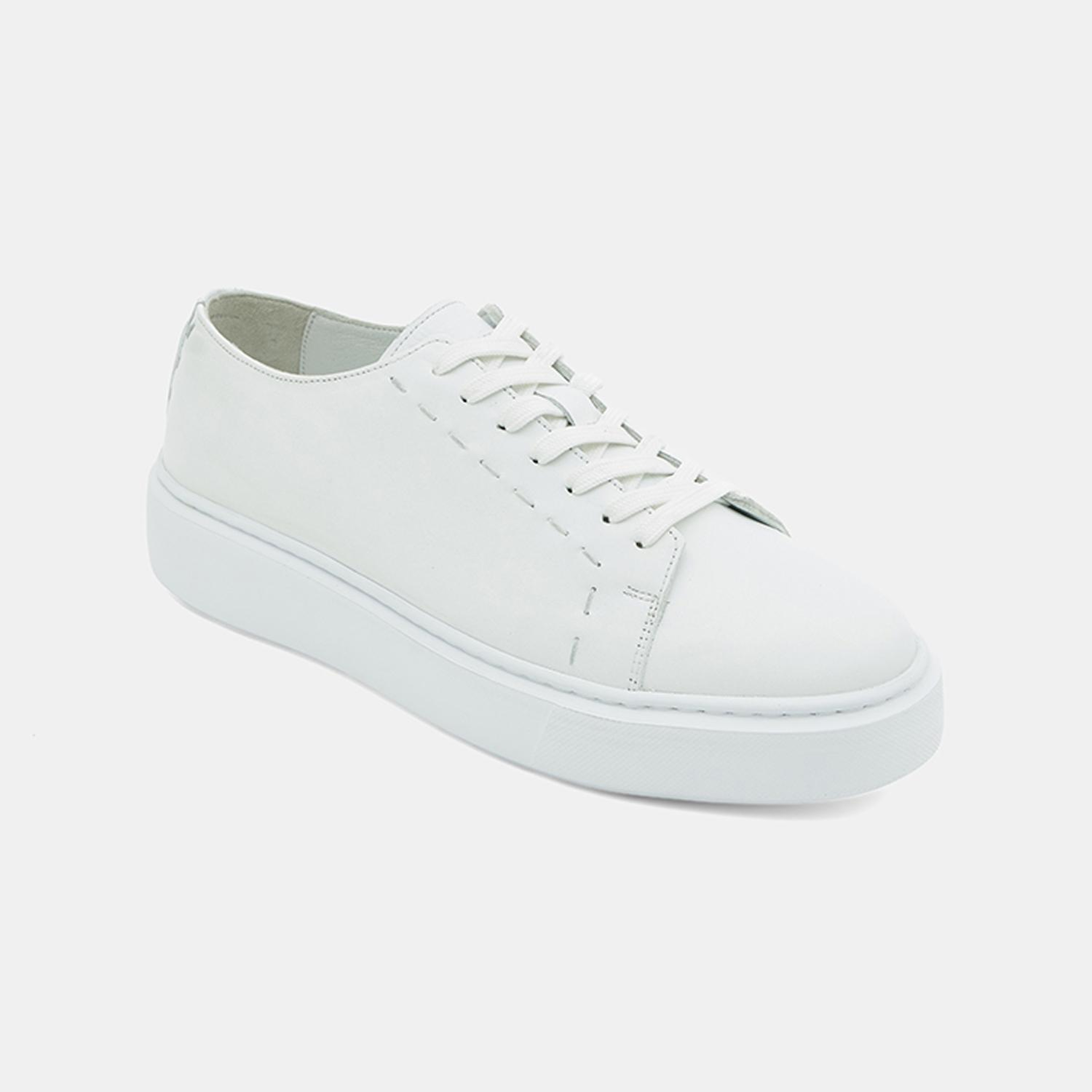 Erkek Beyaz Bağcıklı Kalın Tabanlı Deri Spor Ayakkabı