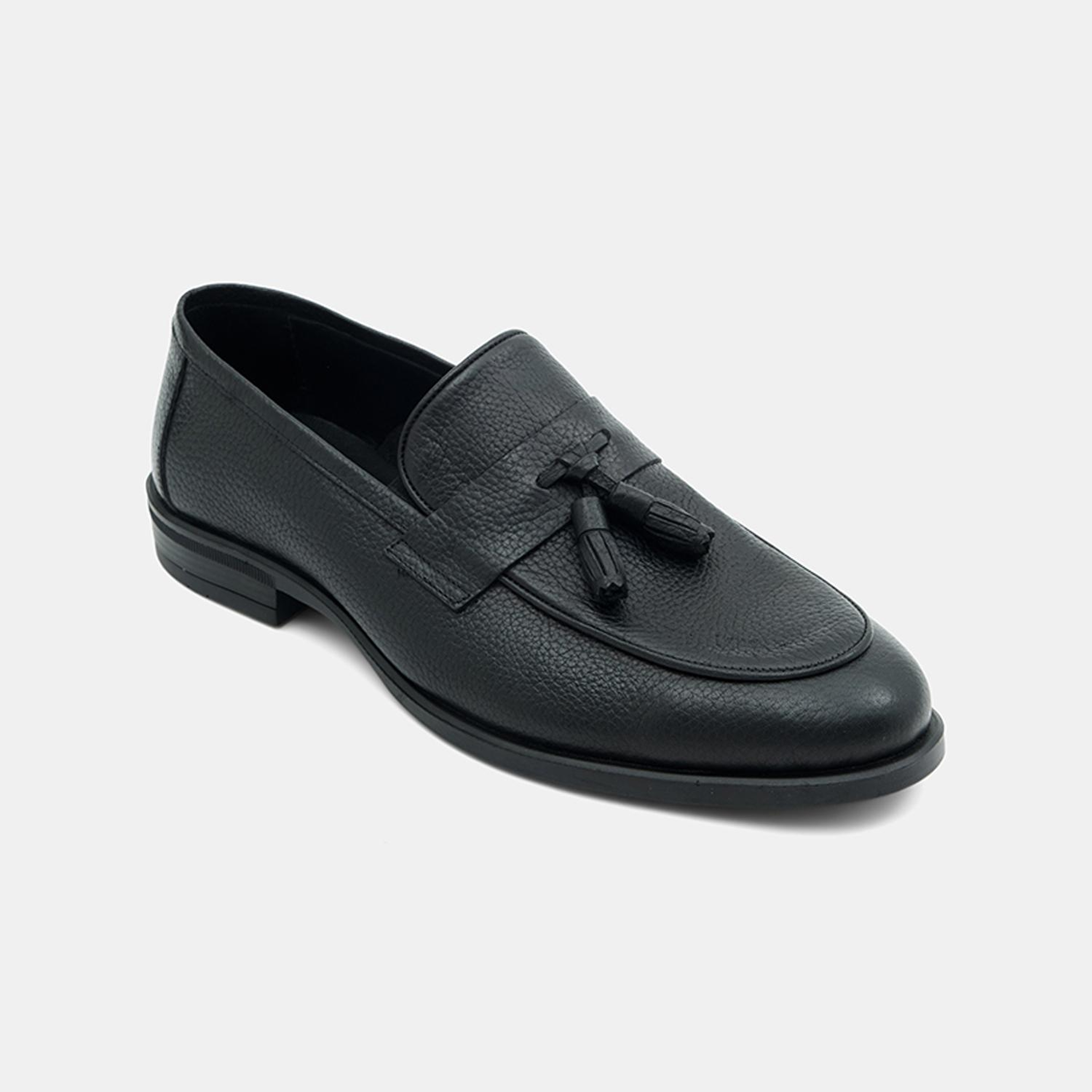 Erkek Siyah Püskül Detaylı Deri Loafer