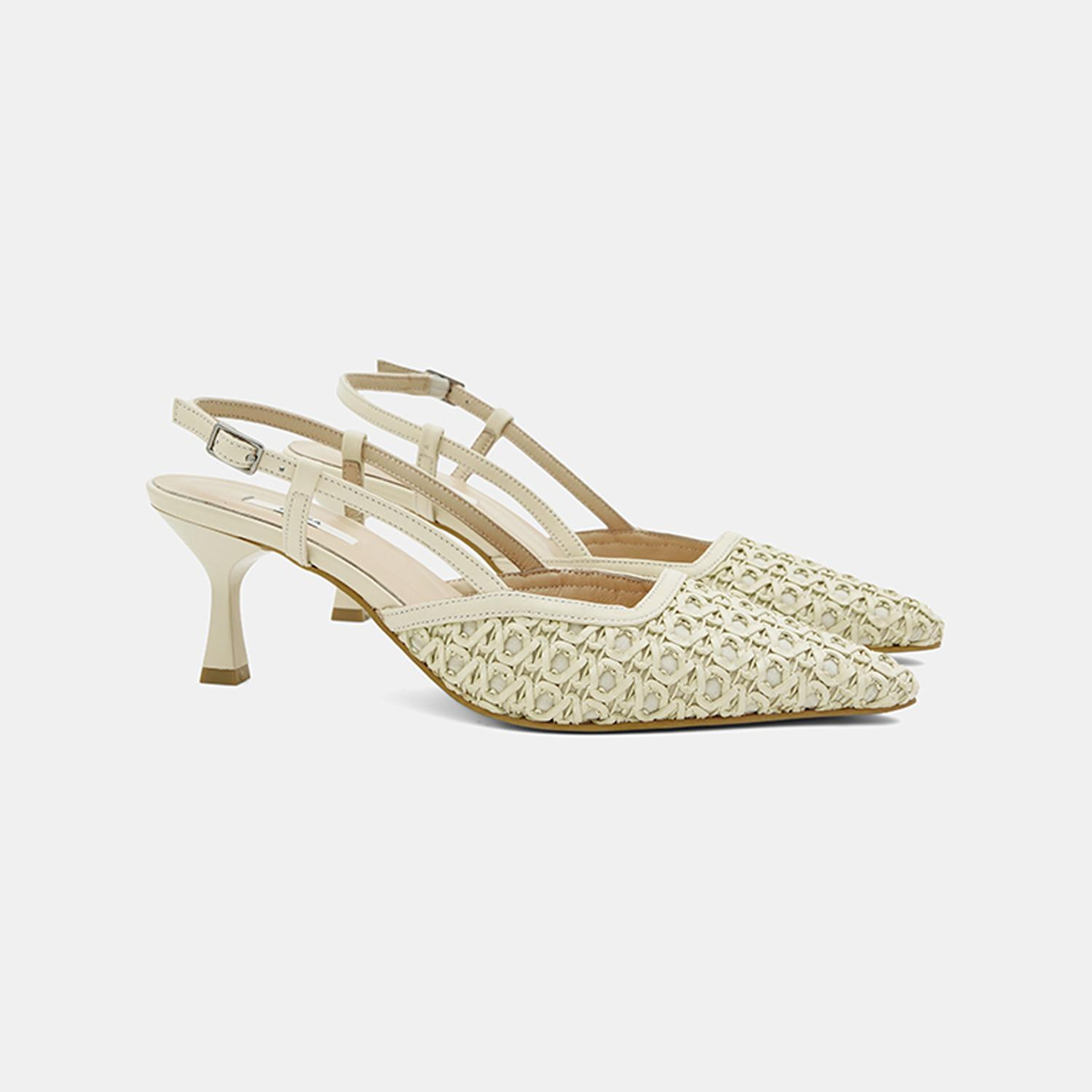 Kadın Bej Sivri Burunlu Slingback Deri Topuklu Ayakkabı