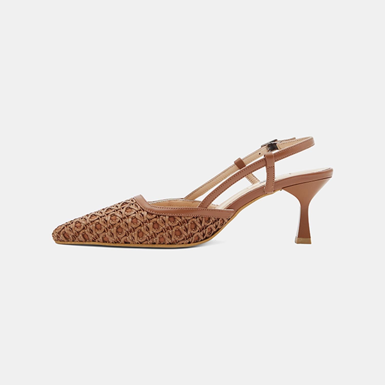 Kadın Taba Sivri Burunlu Slingback Deri Topuklu Ayakkabı