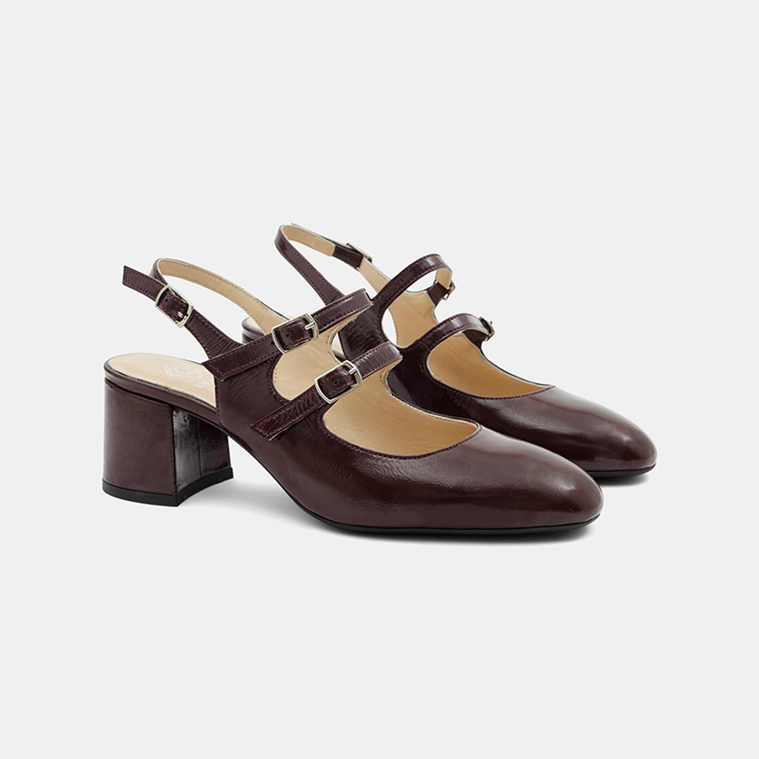 Kadın Bordo Tokalı Kalın Topuklu Klasik Rugan Deri Ayakkabı