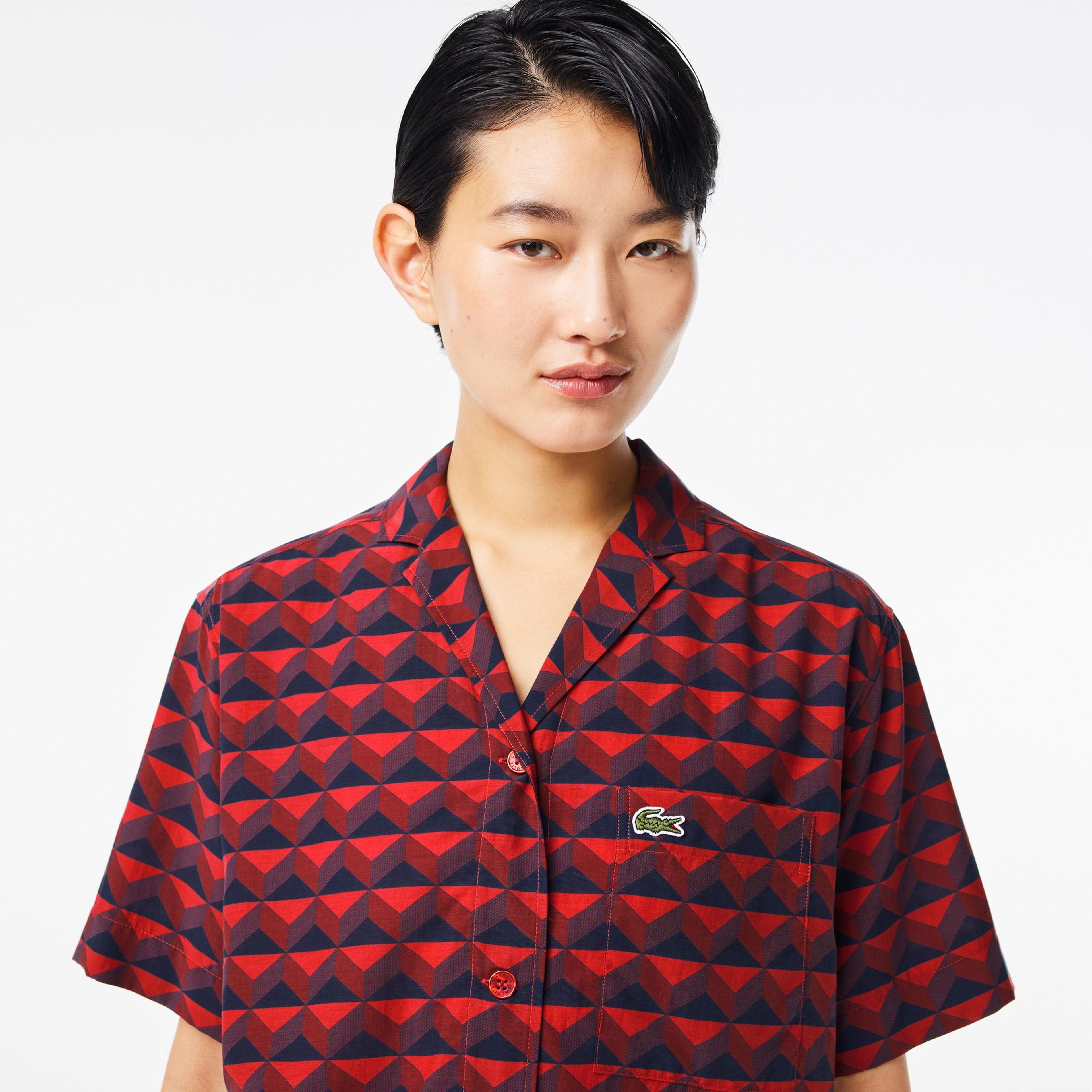 Kadın Relaxed Fit Kısa Kollu Monogram Bordo Gömlek