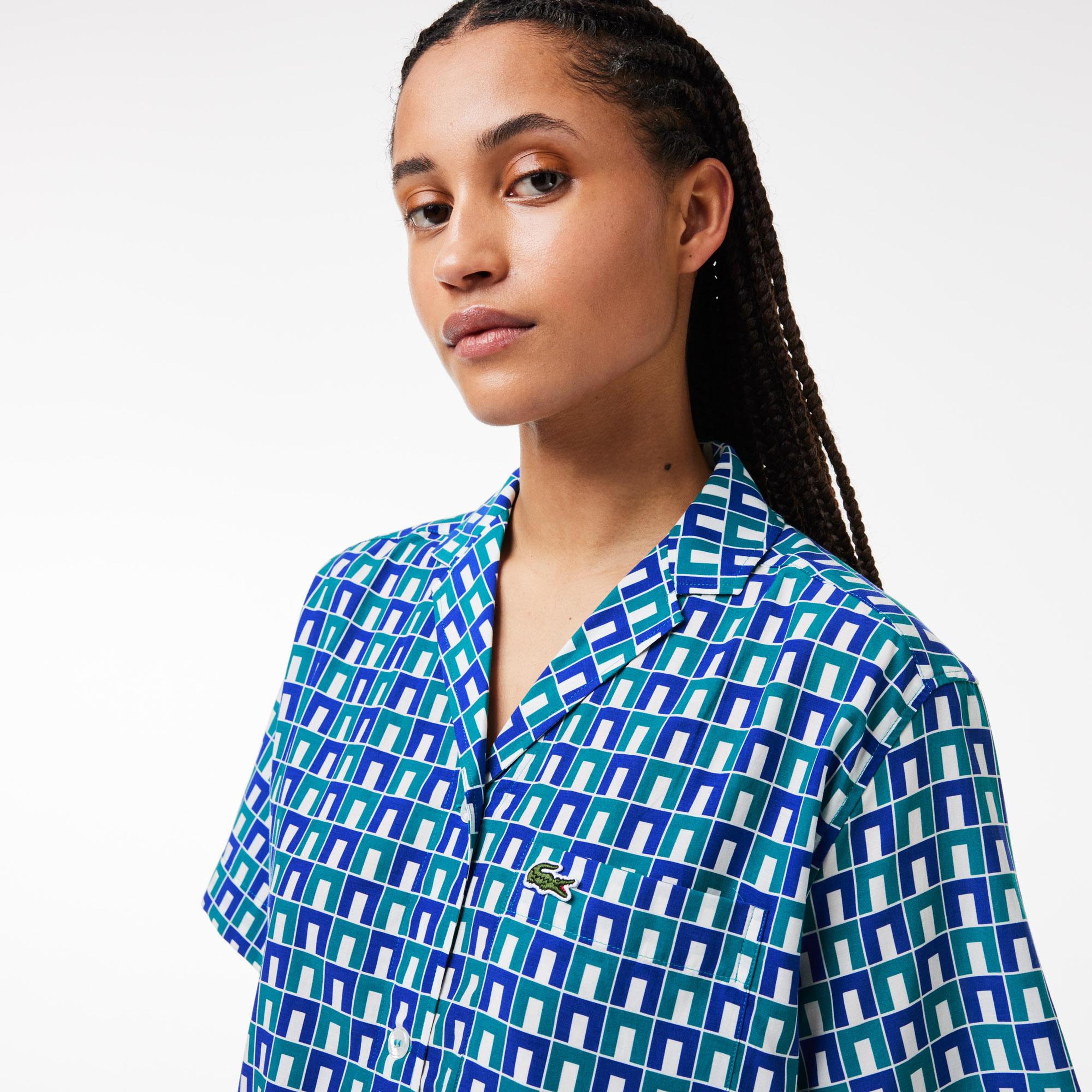 Kadın Relaxed Fit Kısa Kollu Monogram Mavi Gömlek