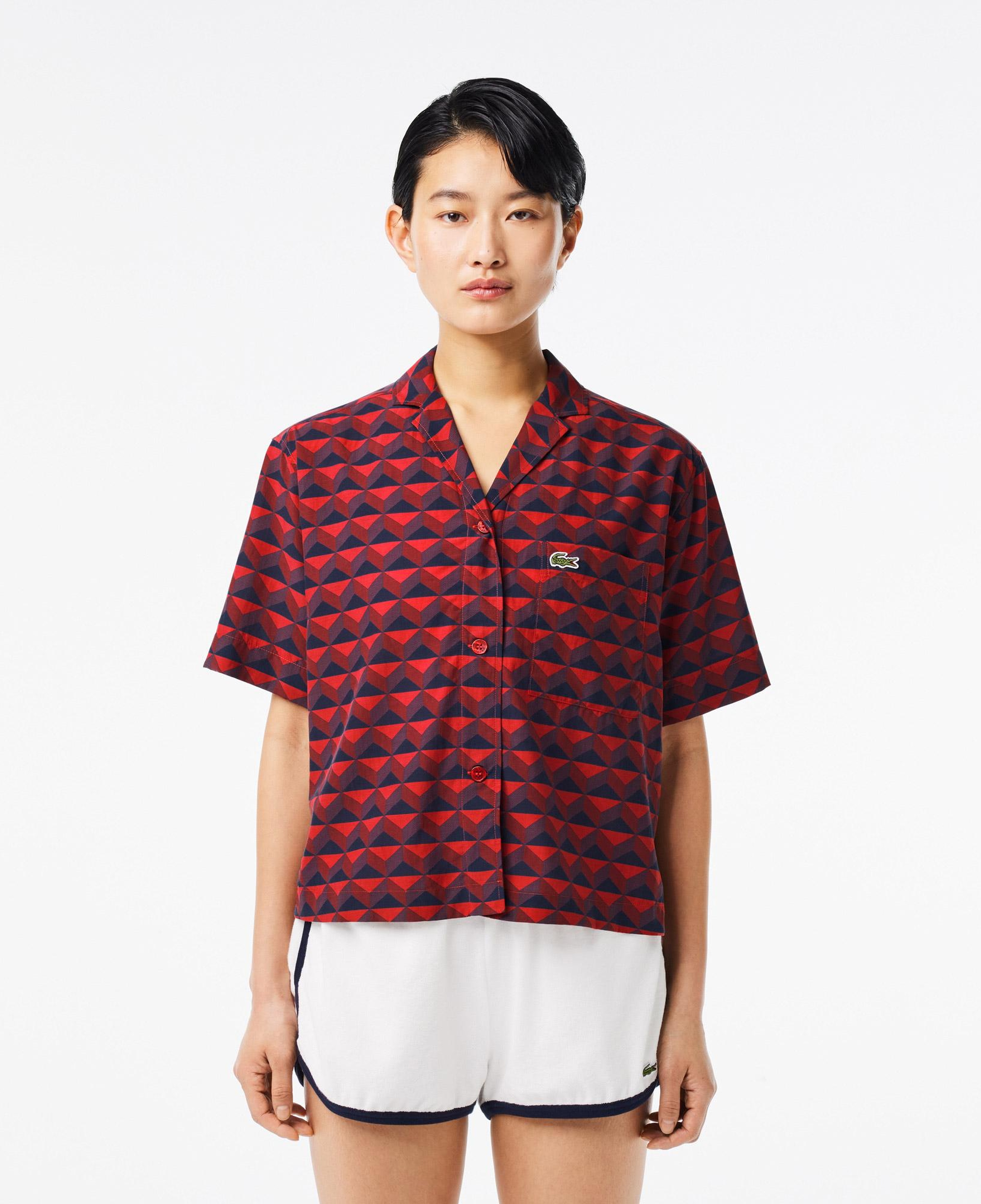 Kadın Relaxed Fit Kısa Kollu Monogram Bordo Gömlek