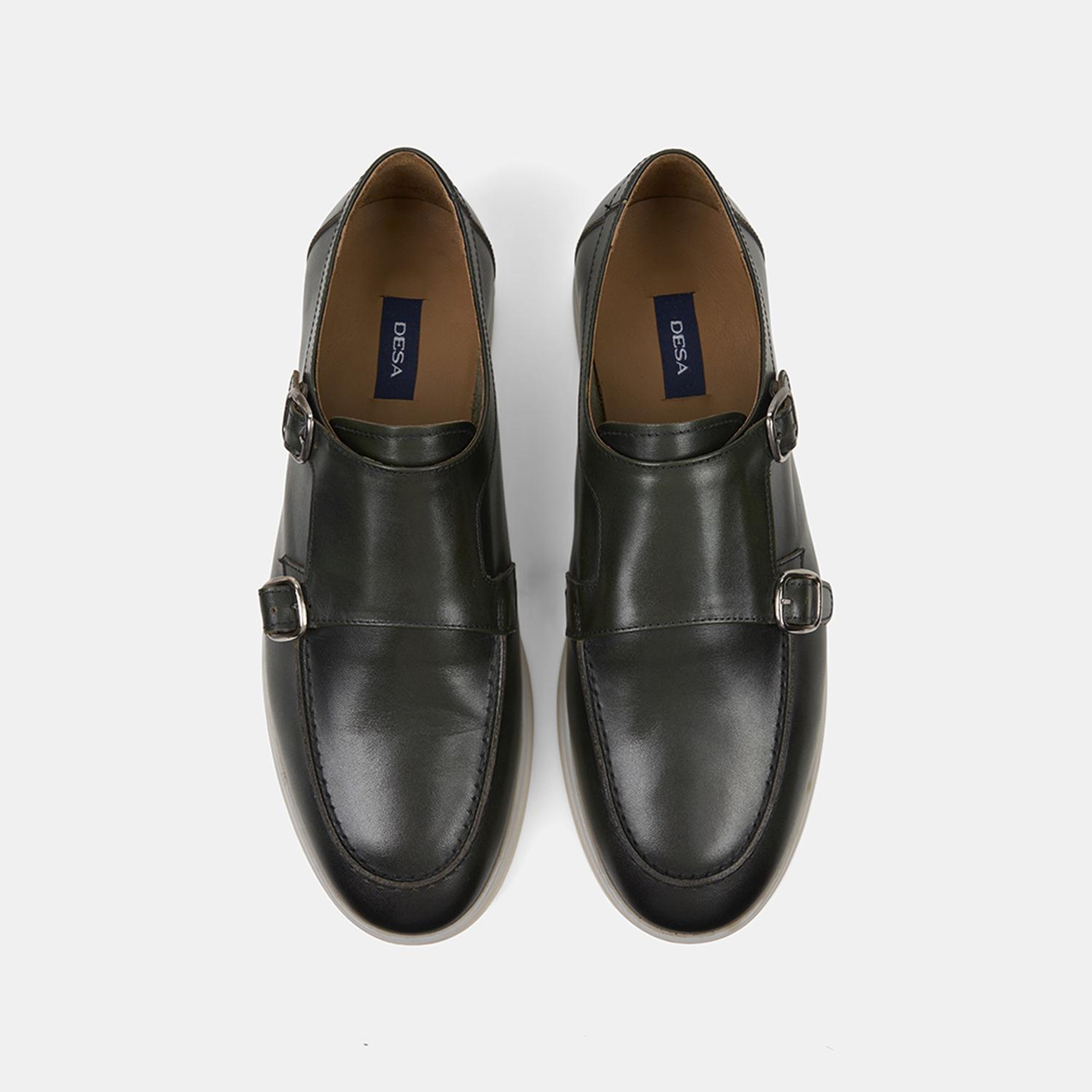 Erkek Haki Çift Tokalı Deri Günlük Ayakkabı