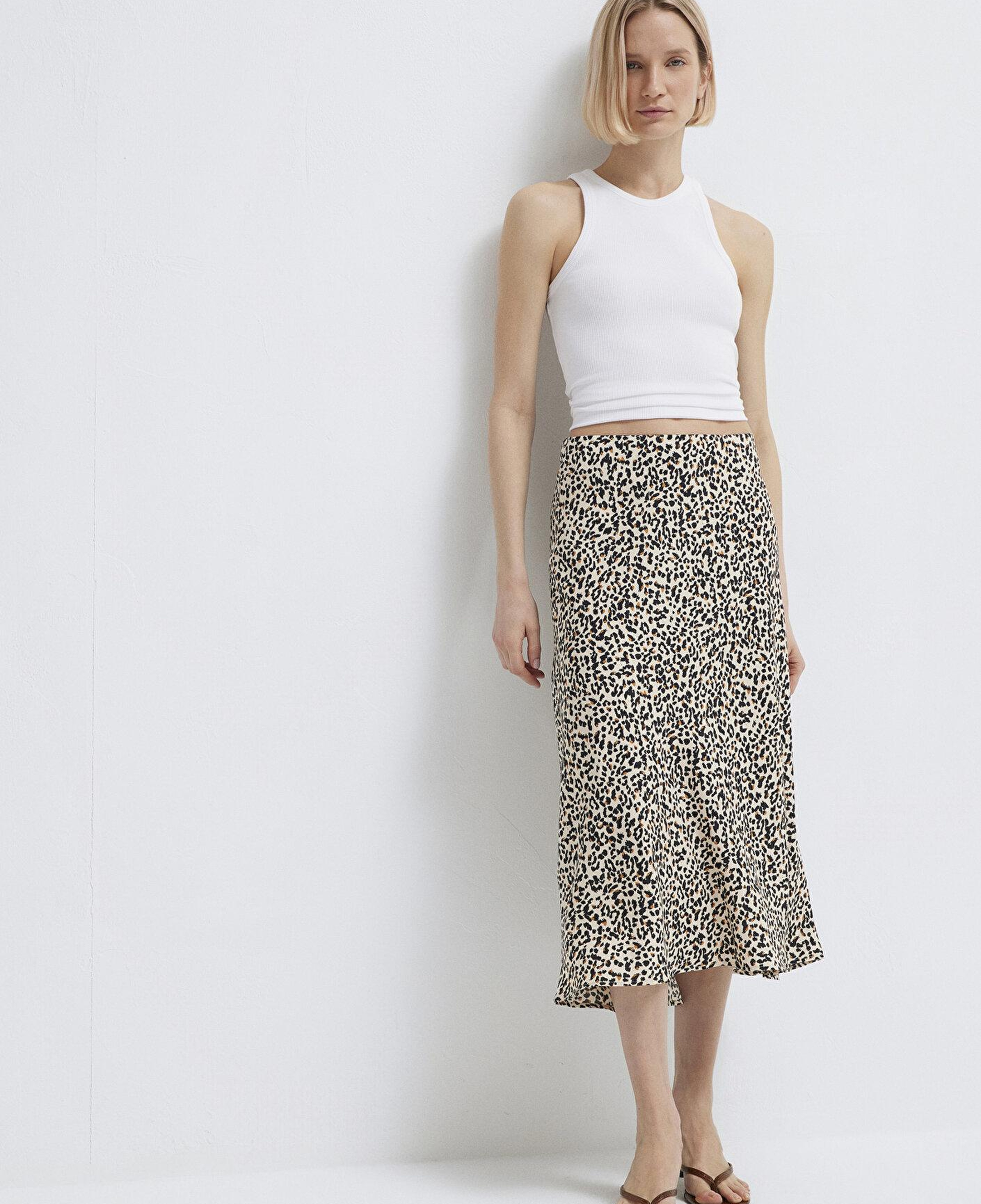 Mavi Baskılı Ekru Midi Etek 1310583-91477