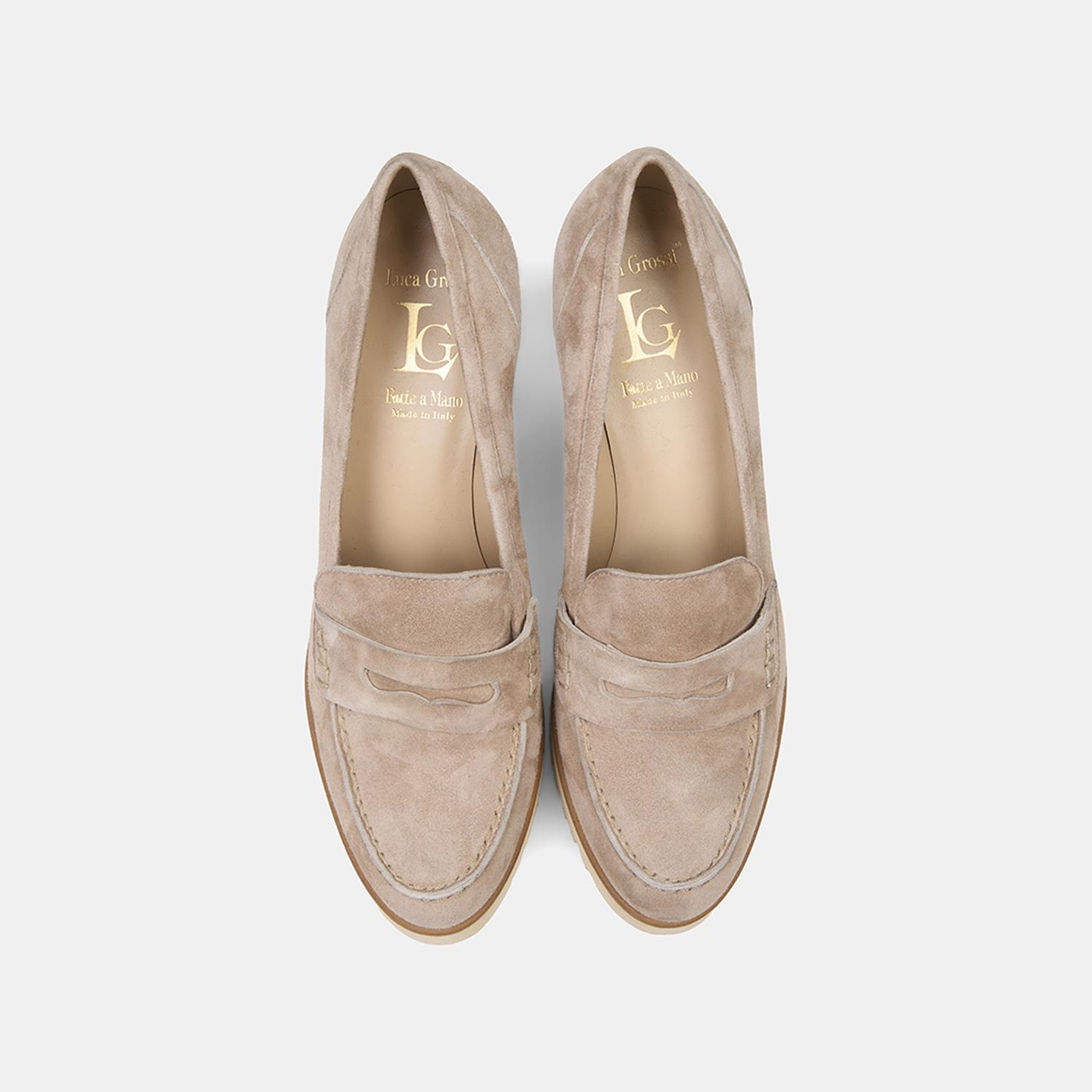 Luca Grossi Bej Kahve Platform Topuklu Süet Loafer