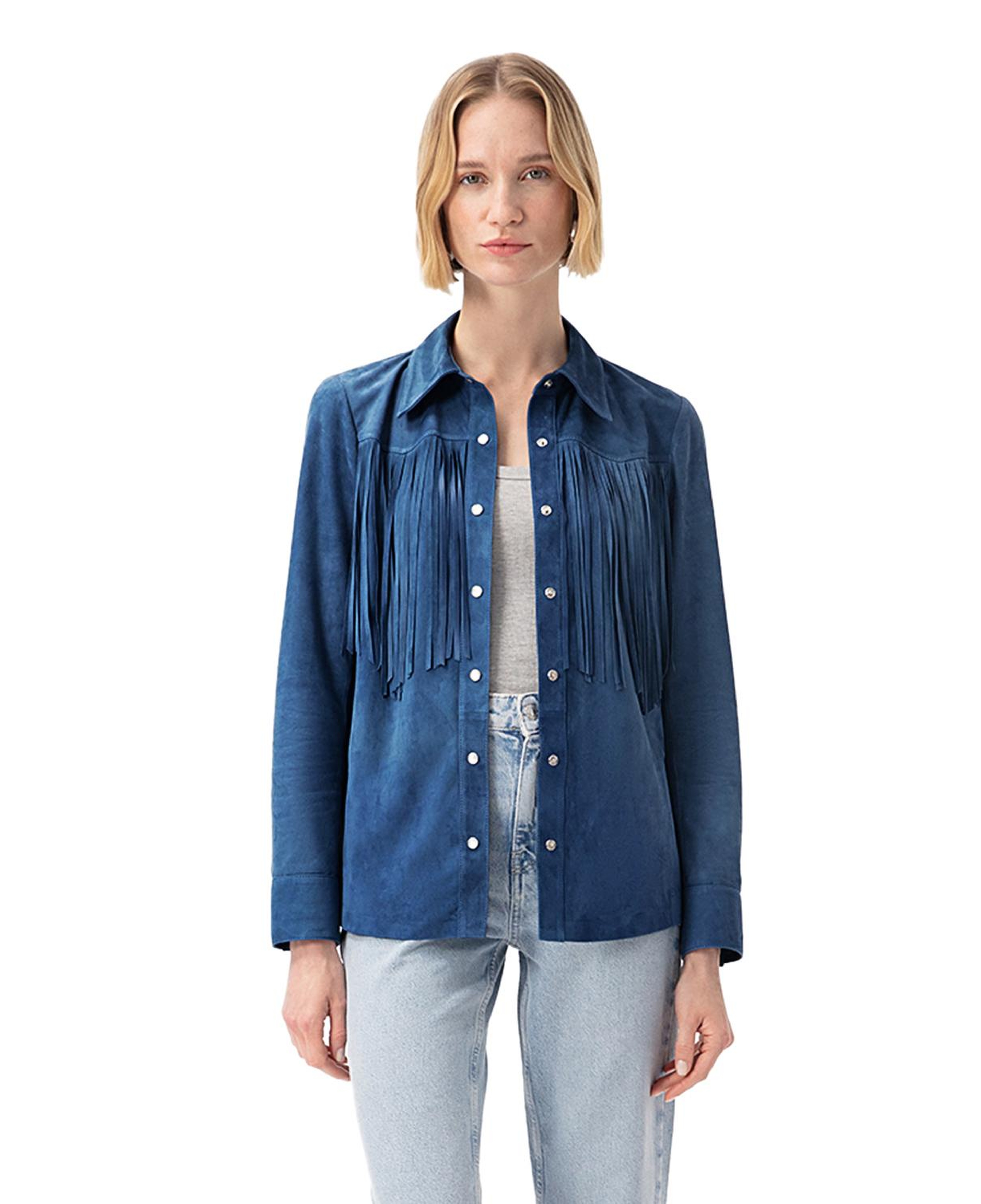 Breahne Mavi Kadın Püsküllü Western Süet Deri Gömlek