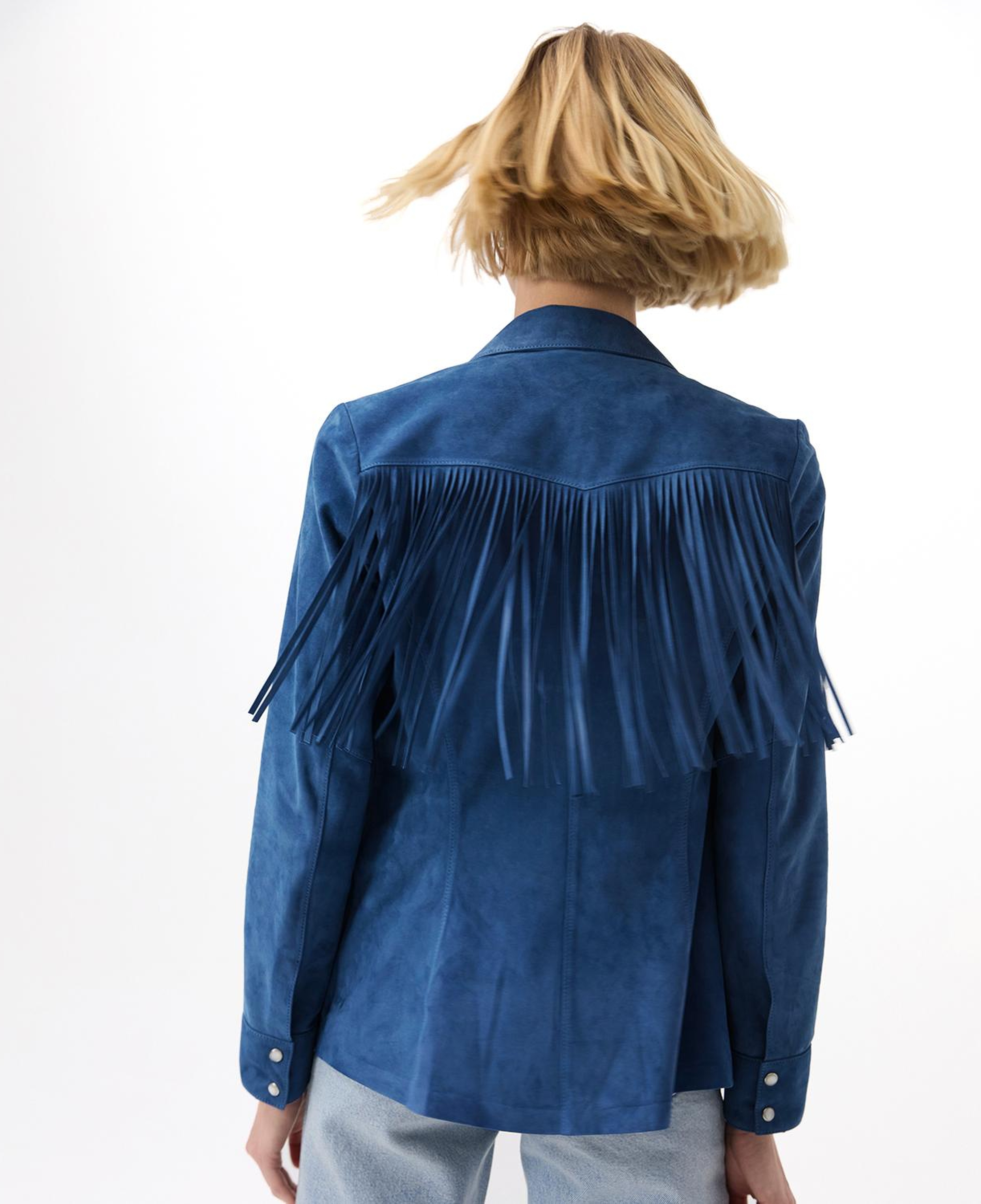 Breahne Mavi Kadın Püsküllü Western Süet Deri Gömlek