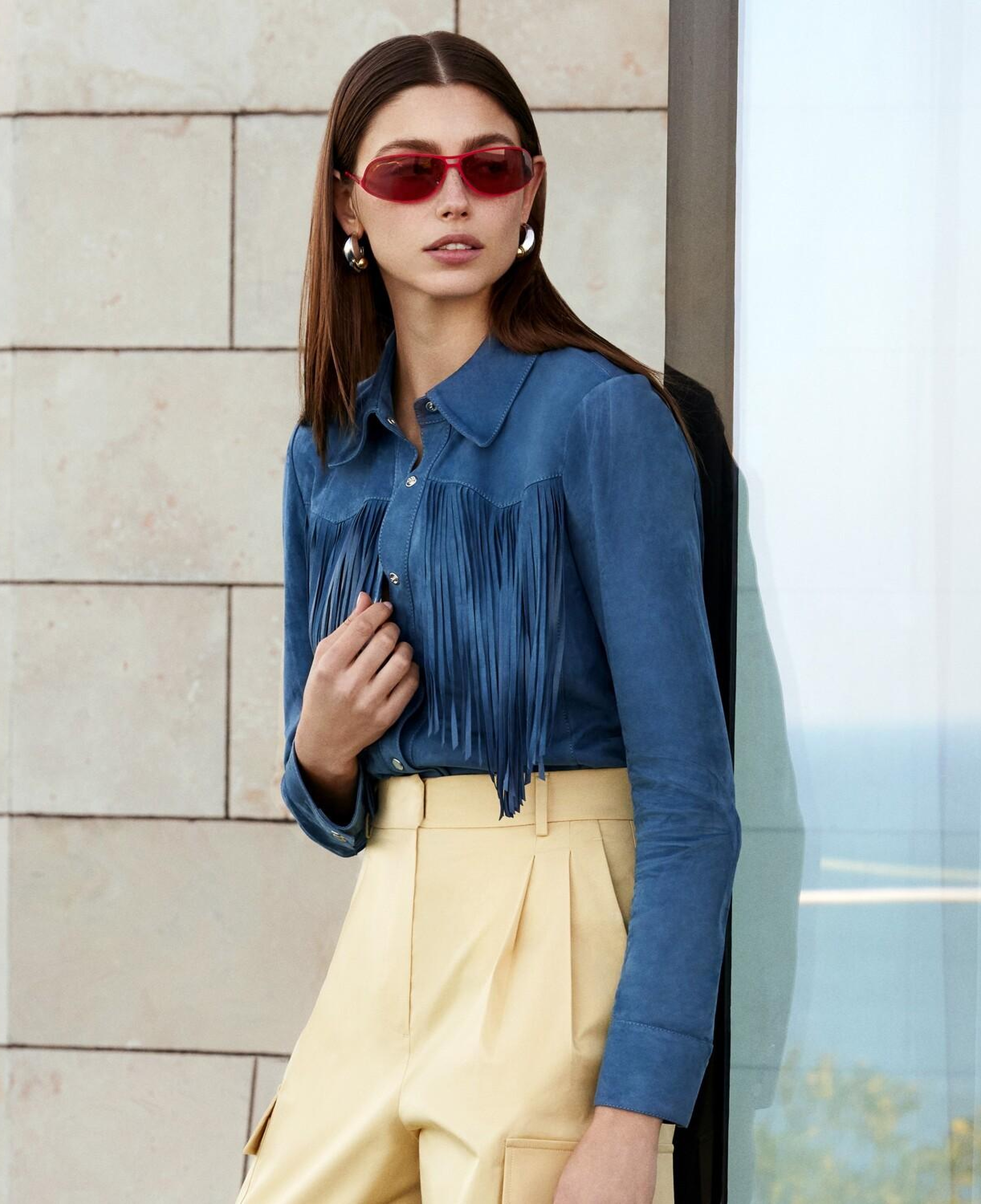 Breahne Mavi Kadın Püsküllü Western Süet Deri Gömlek