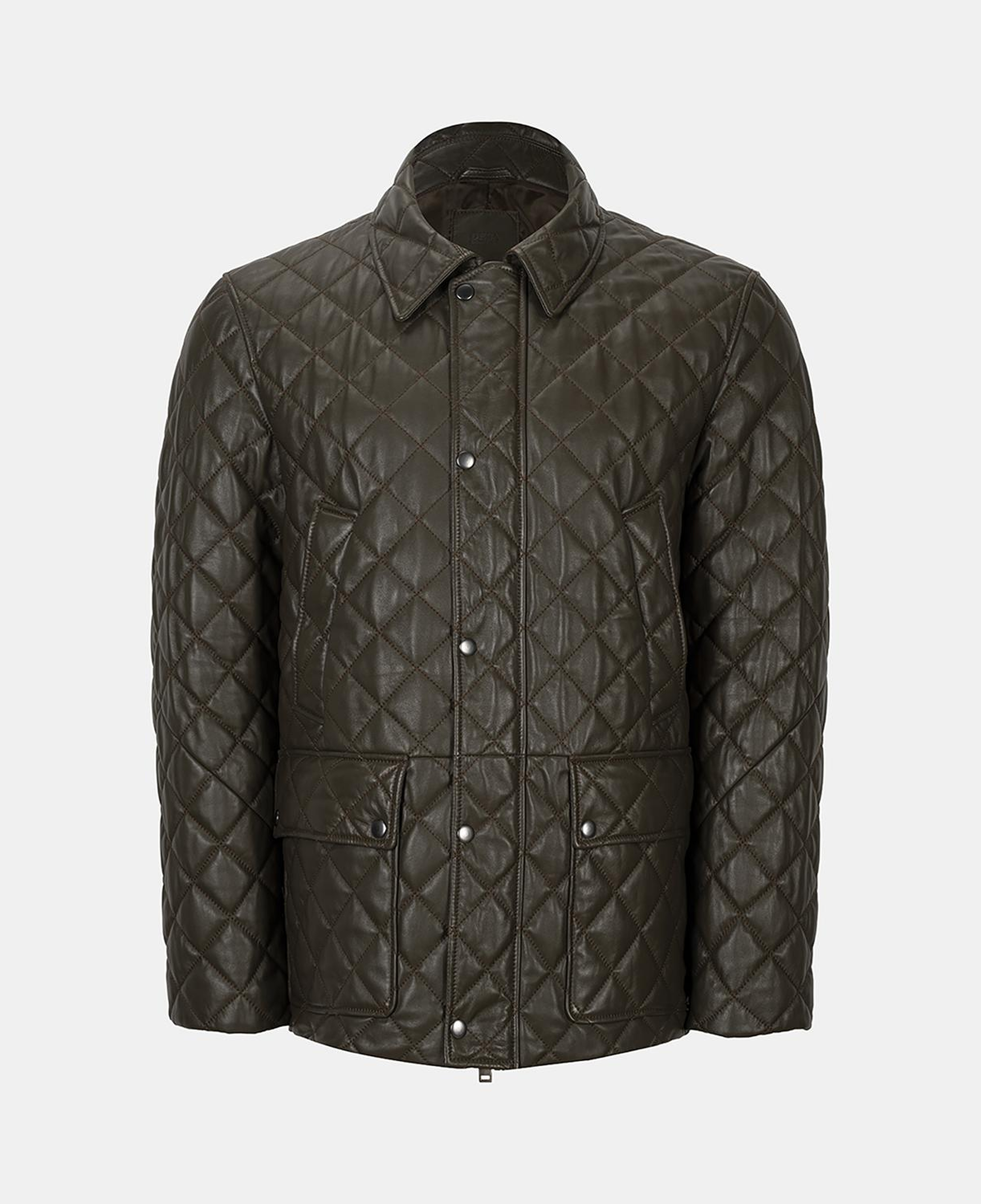 Erkek Yeşil Gömlek Yakalı Kapitoneli Deri Mont