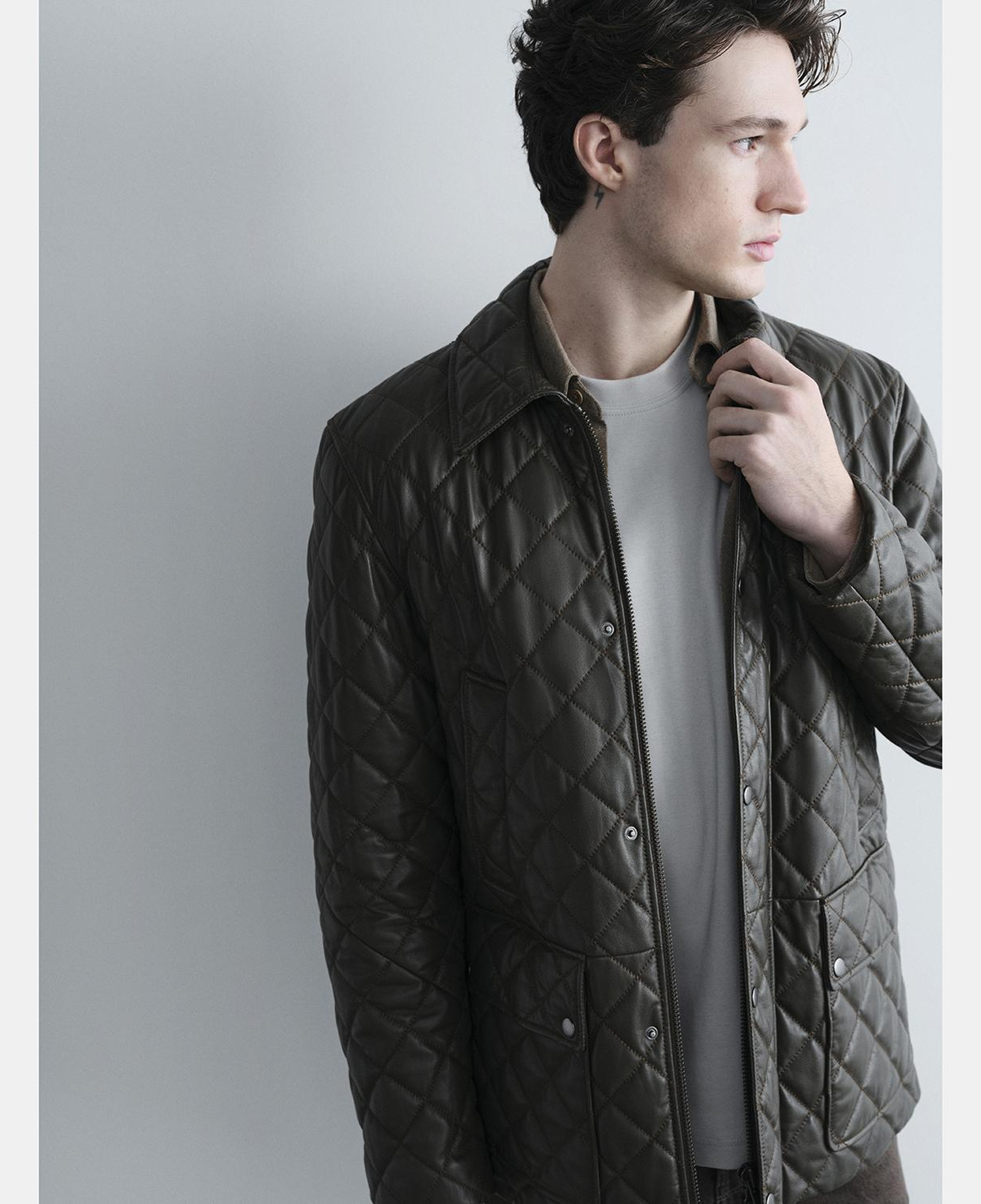 Erkek Yeşil Gömlek Yakalı Kapitoneli Deri Mont