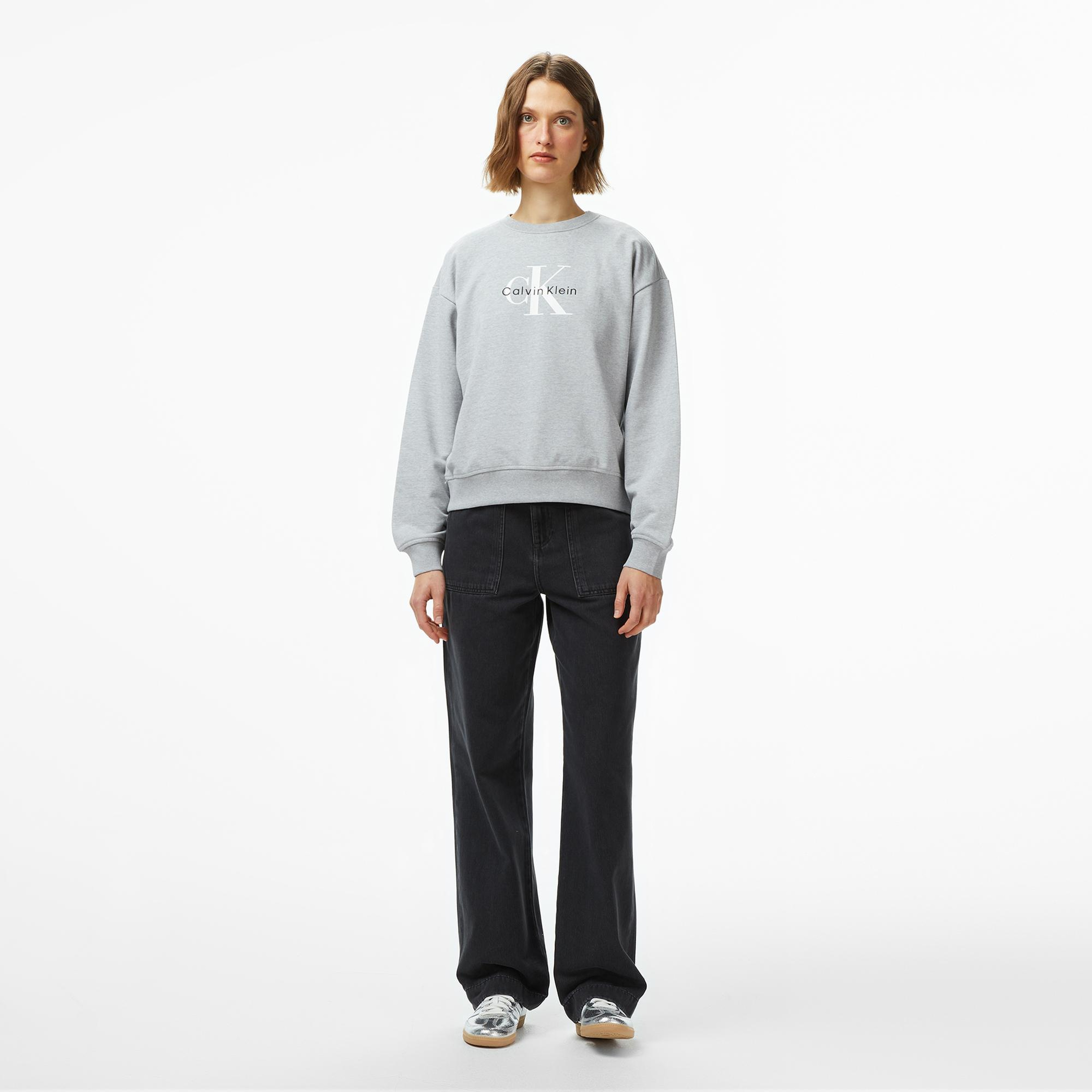 Calvin Klein Monologo French Terry Kadın Gri Sweatshirt