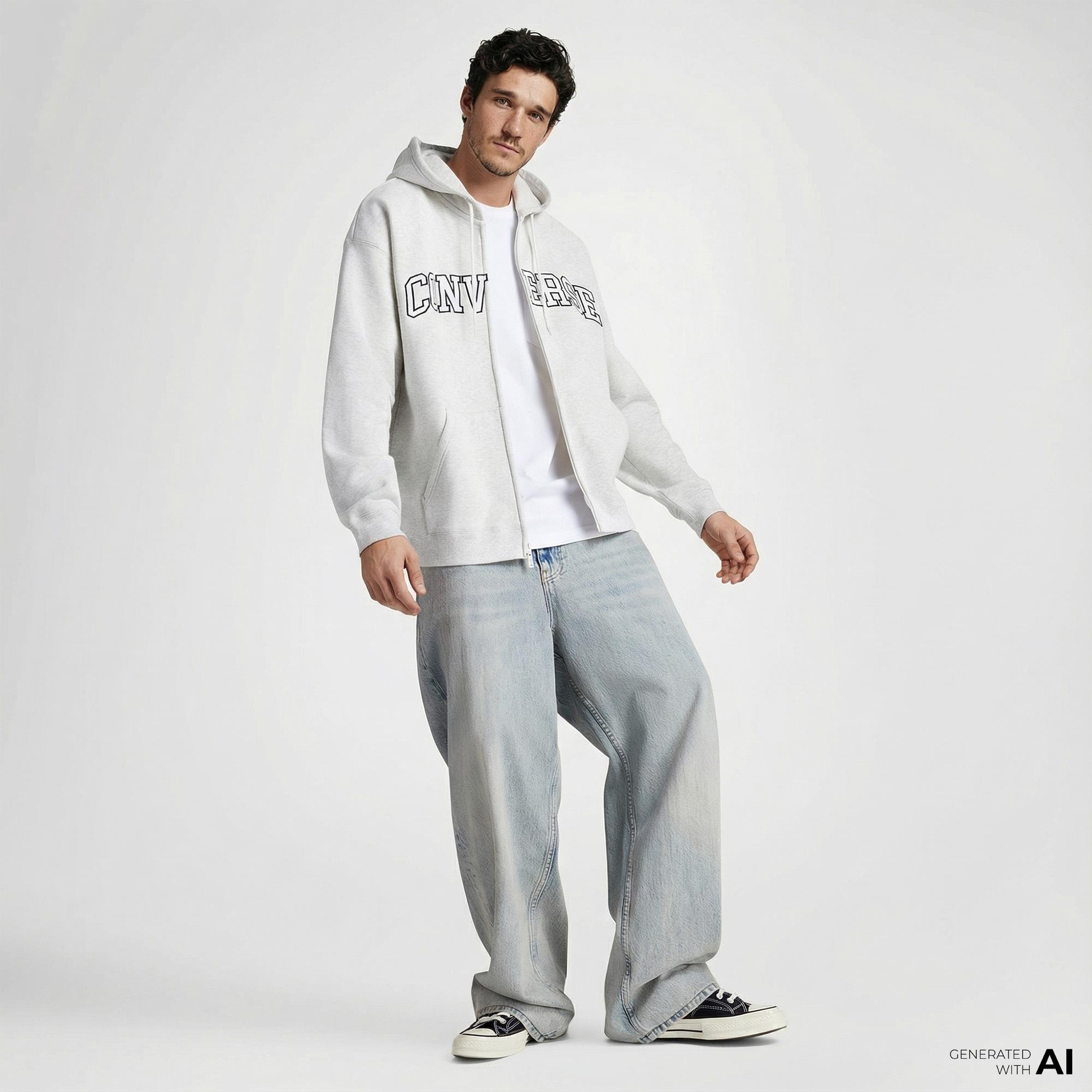 Converse Erkek Fermuarlı Gri Hoodie