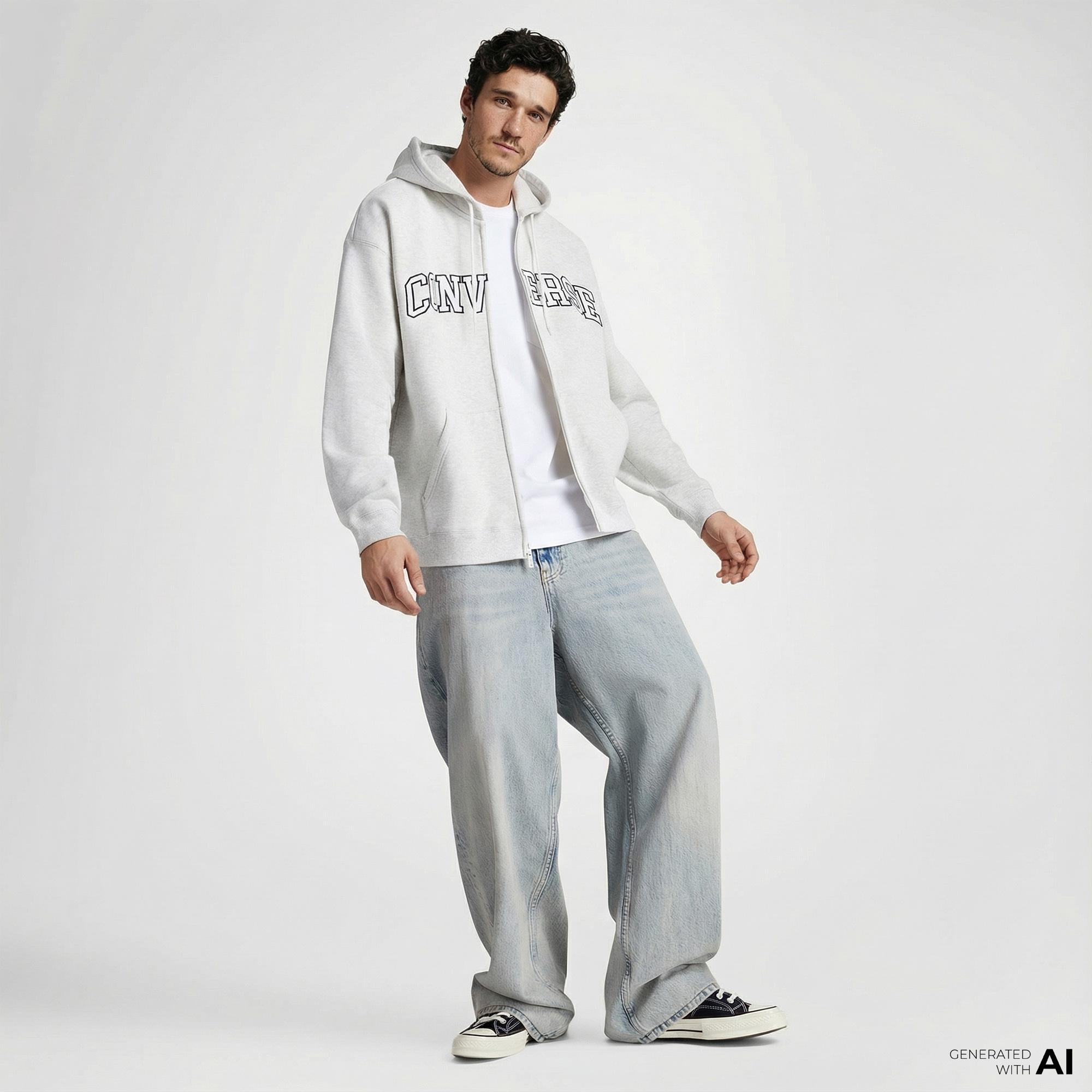 Converse Erkek Fermuarlı Gri Hoodie