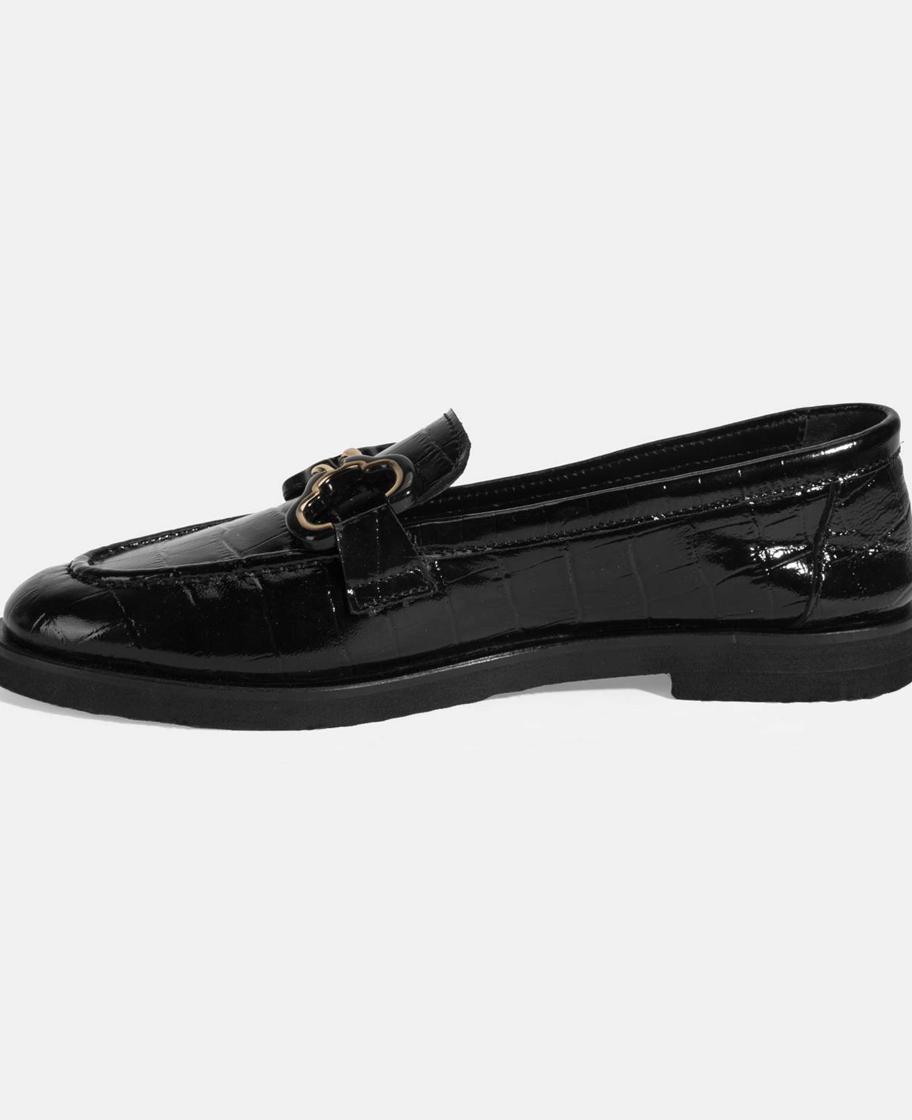 Kadın Siyah Kroko Baskılı Toka Detaylı Deri Loafer