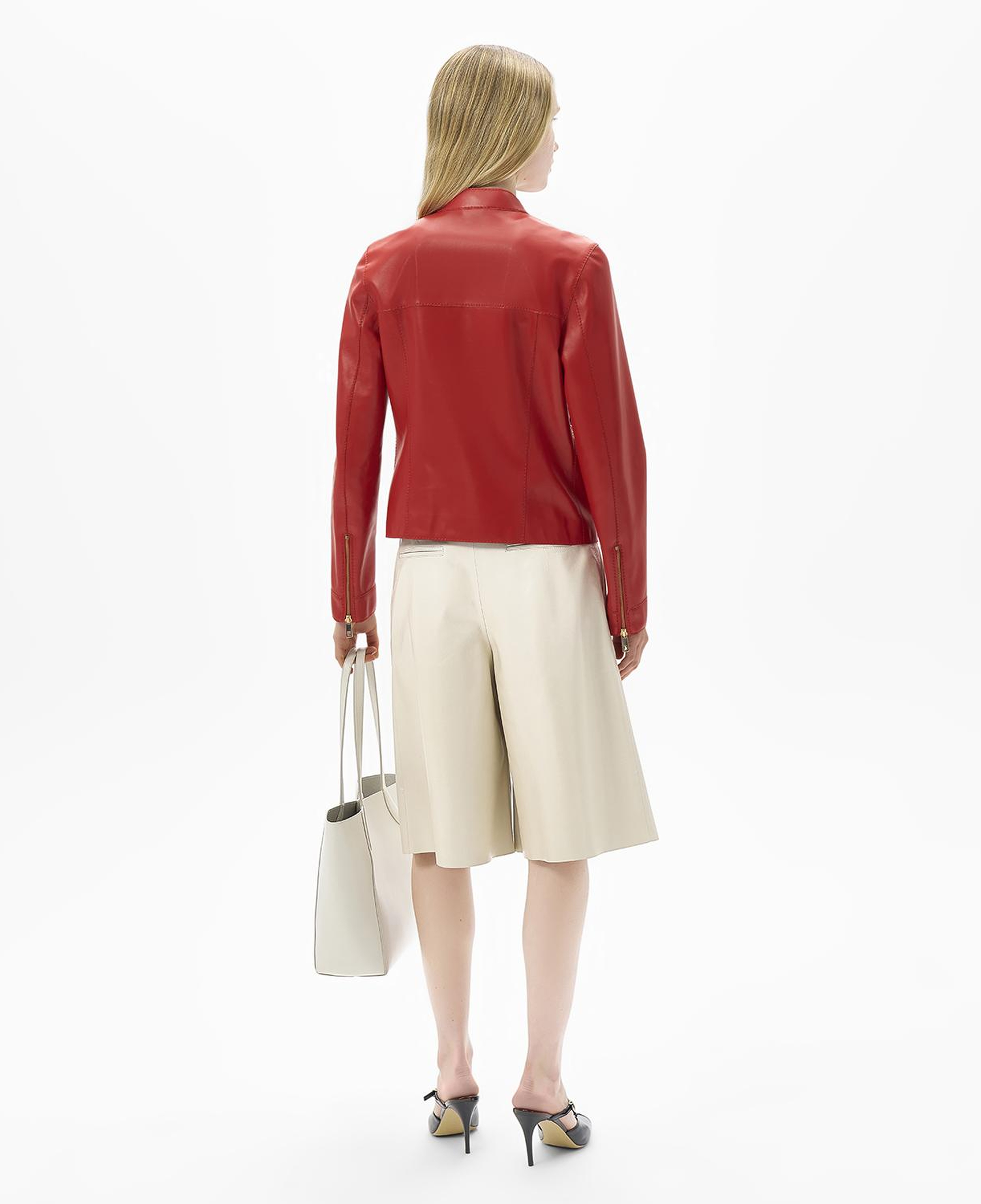 Kadın Kırmızı Hakim Yakalı Deri Ceket