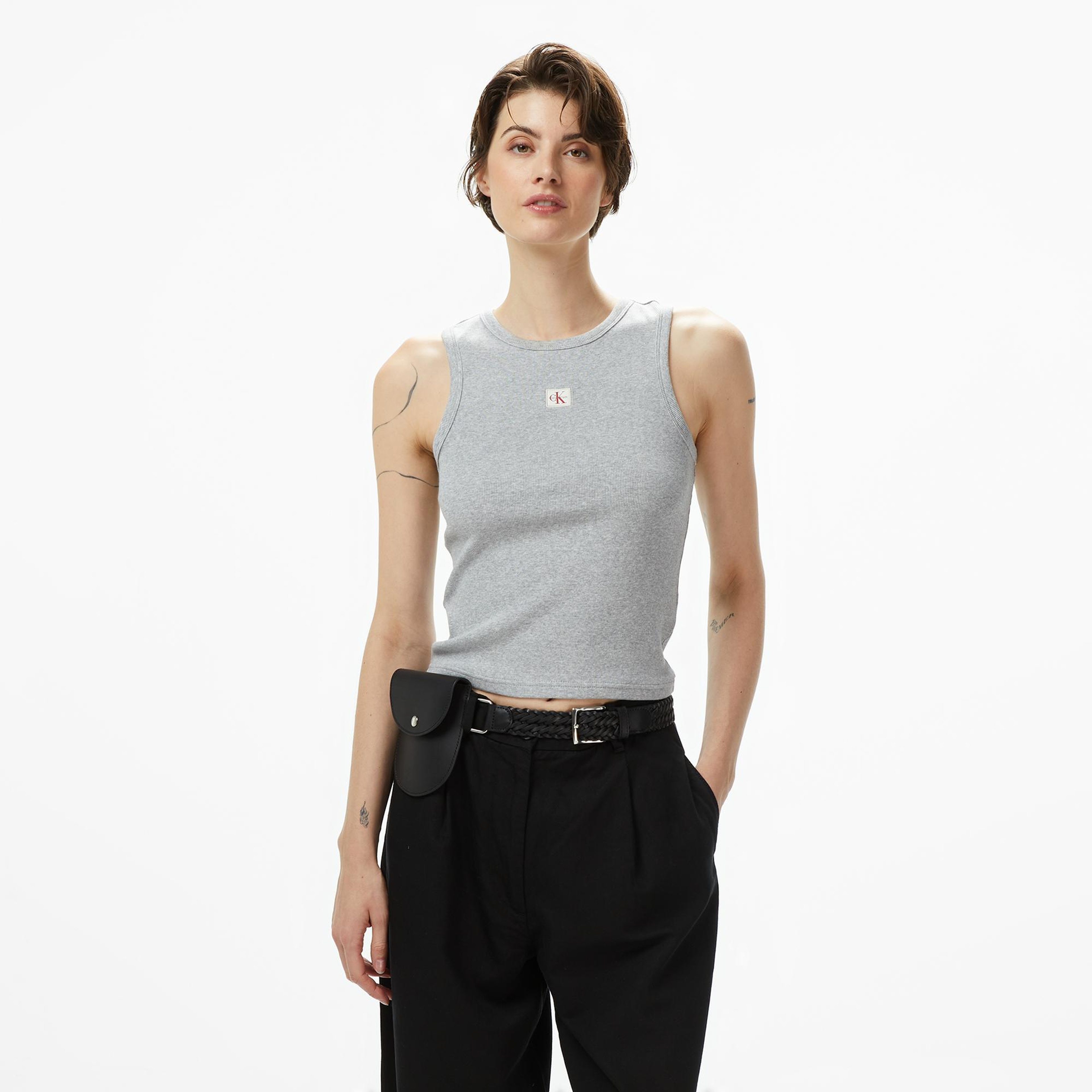 Calvin Klein Woven Label Cotton Kadın Gri T-Shirt