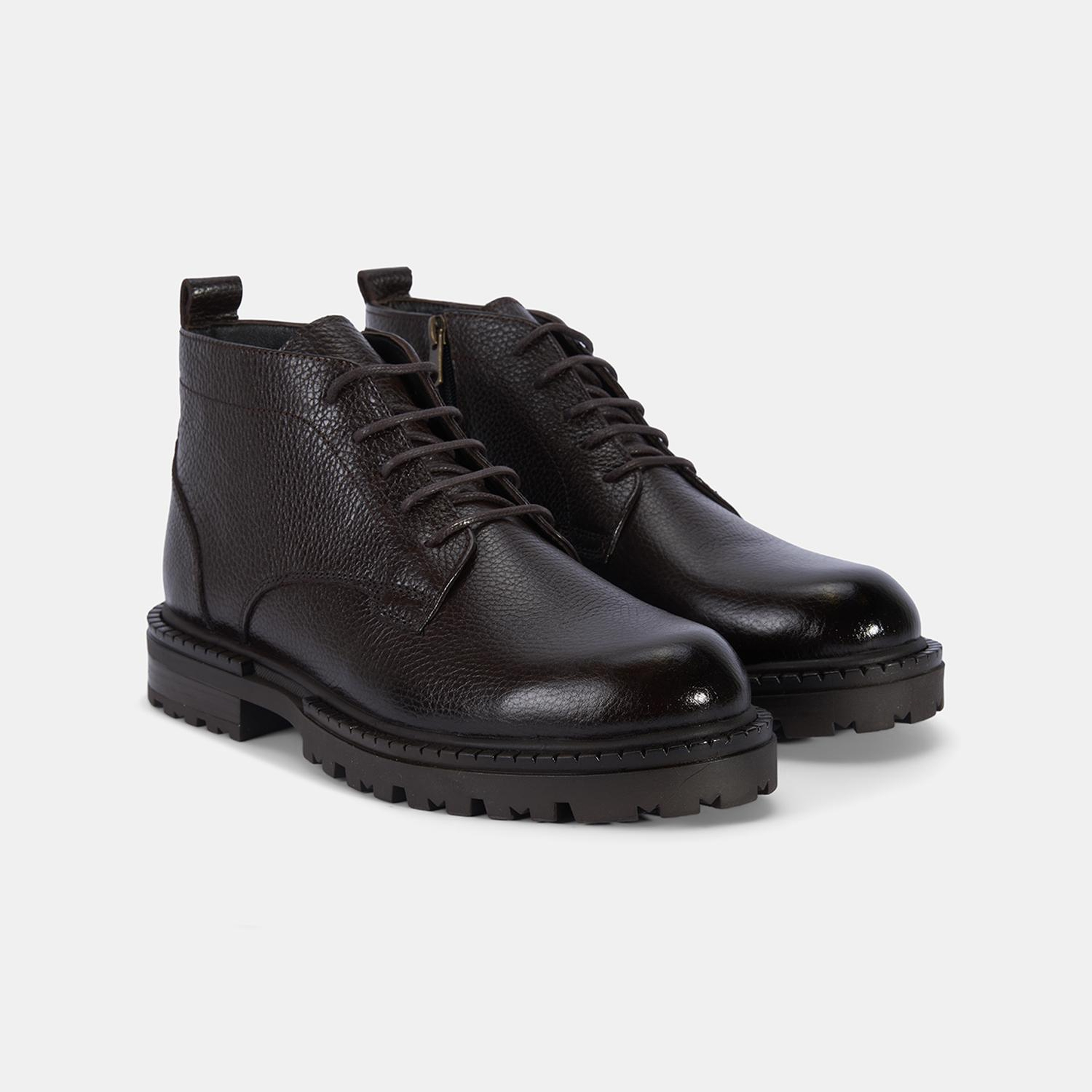 Erkek Kahve Bağcıklı Kalın Tabanlı Deri Postal Bot