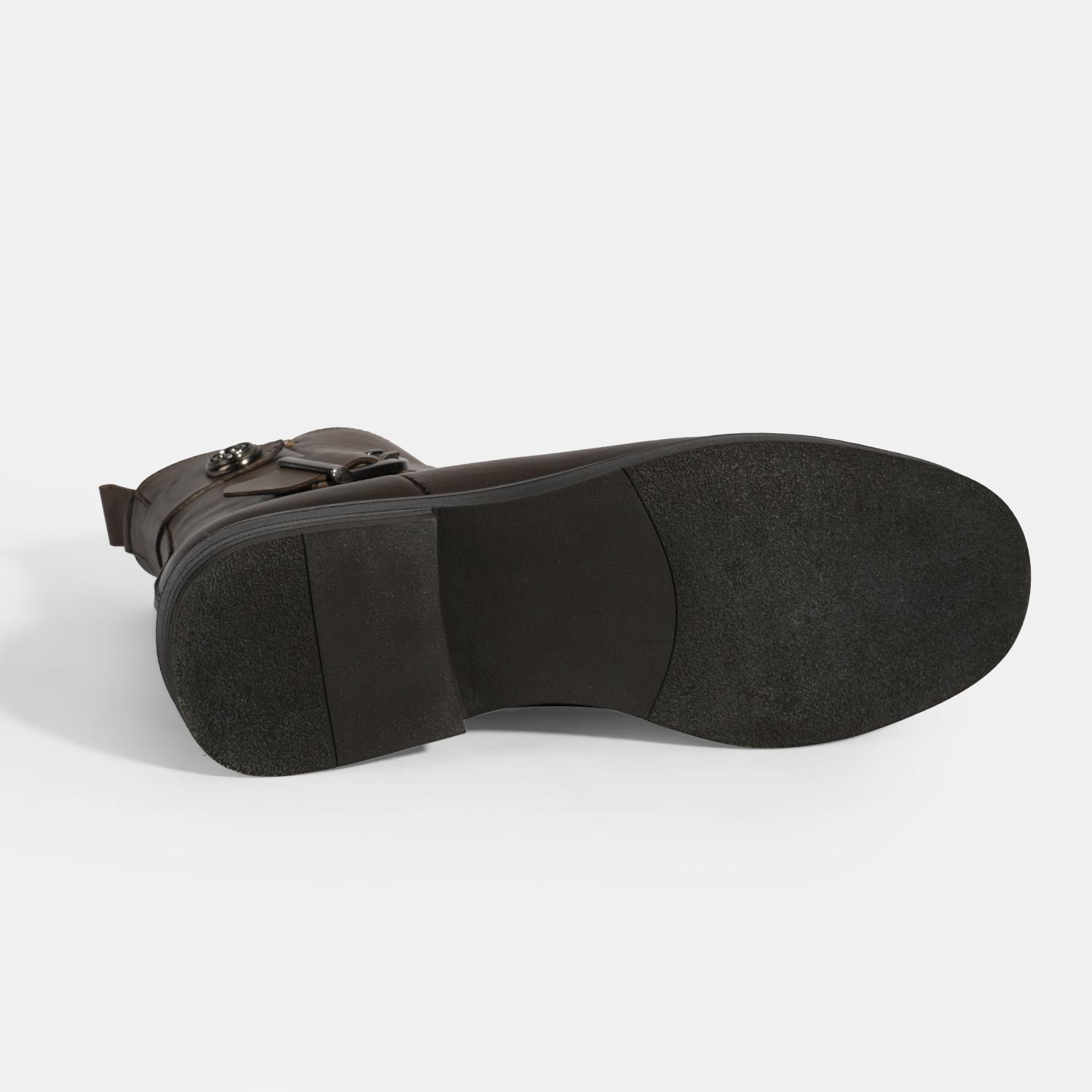 Kadın Kahve Metal Toka Detaylı Deri Bot