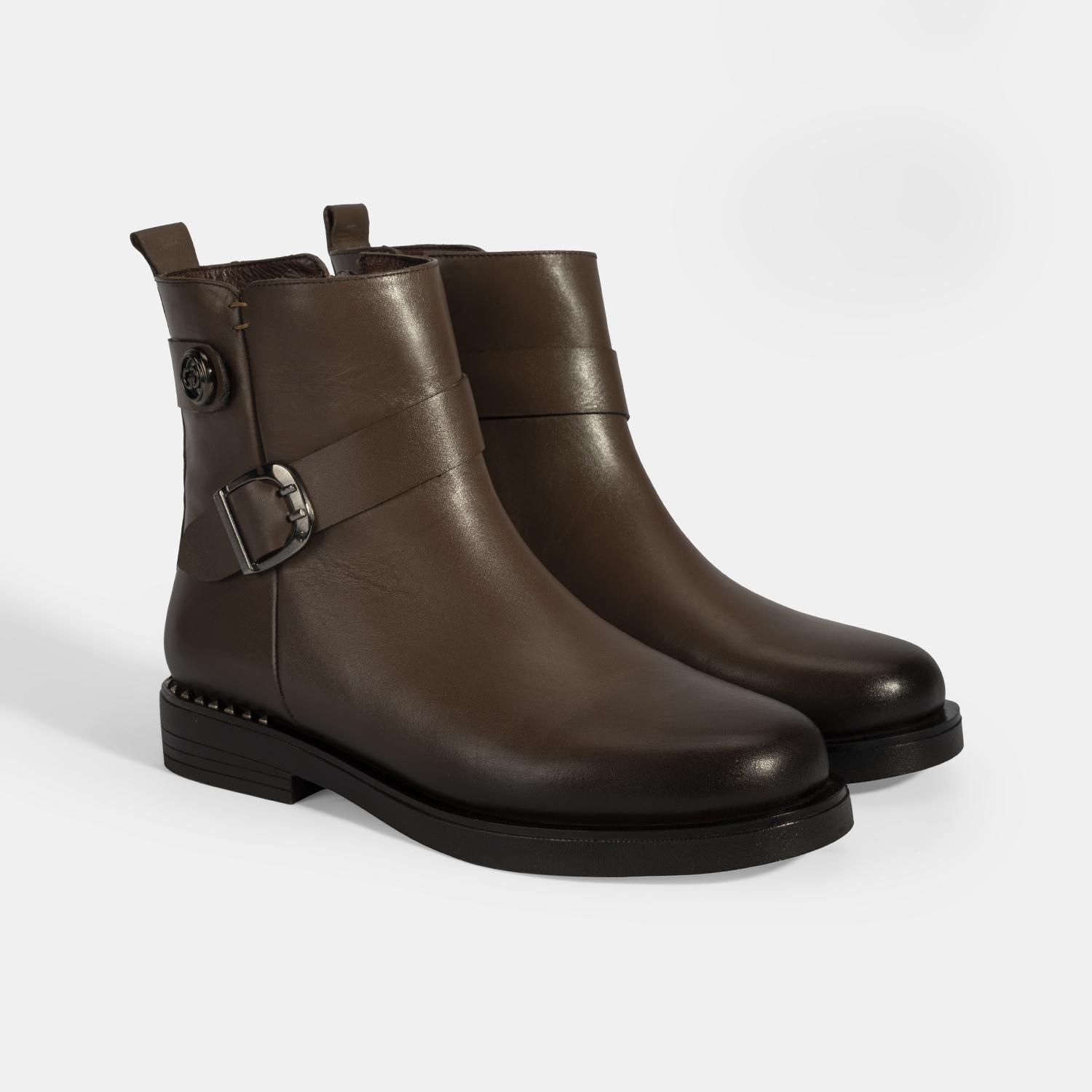 Kadın Kahve Metal Toka Detaylı Deri Bot