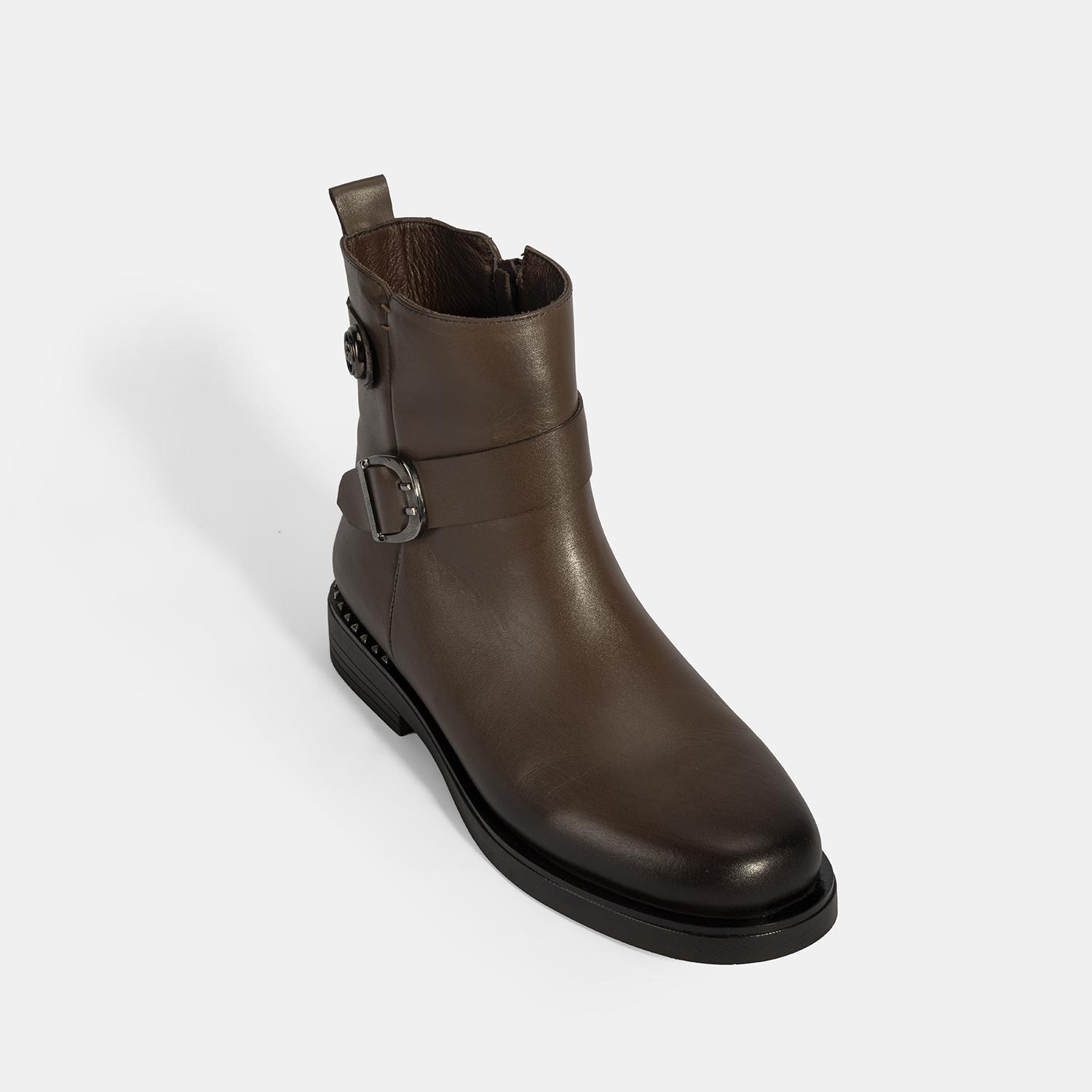 Kadın Kahve Metal Toka Detaylı Deri Bot