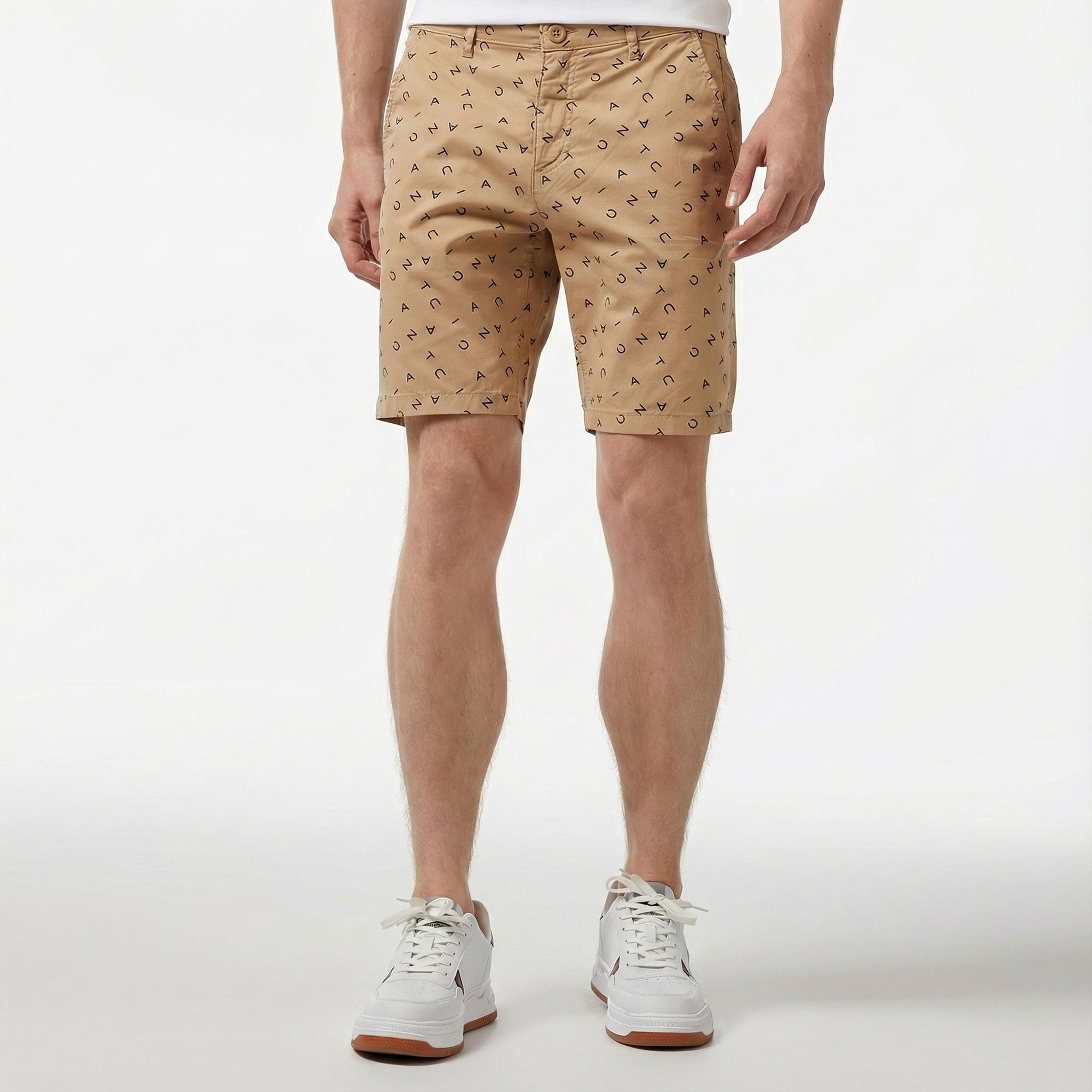 Nautica Erkek Bej Slim Fit Baskılı Bermuda