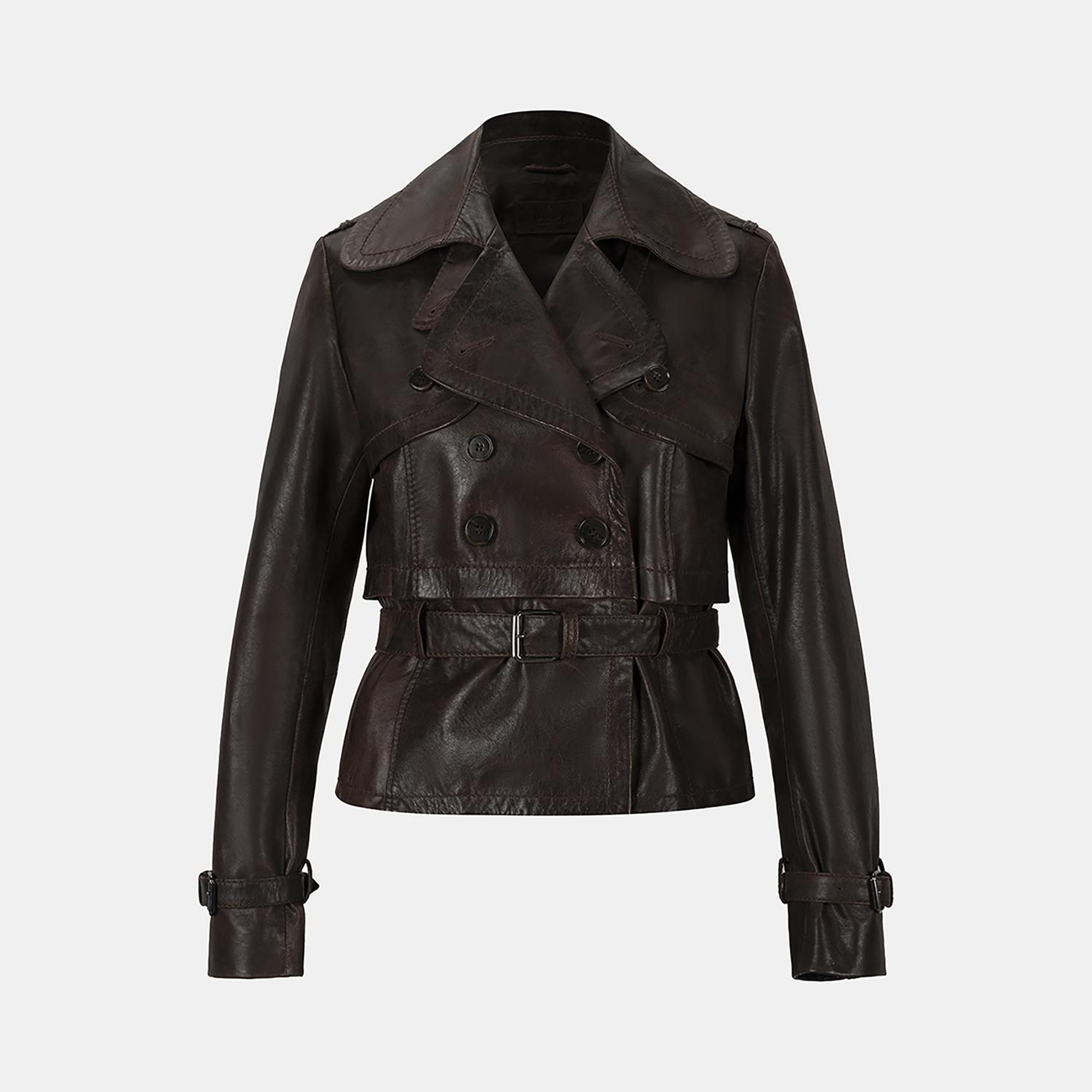 DESA Kadın Kahve Yakalı Deri Kısa Trençkot