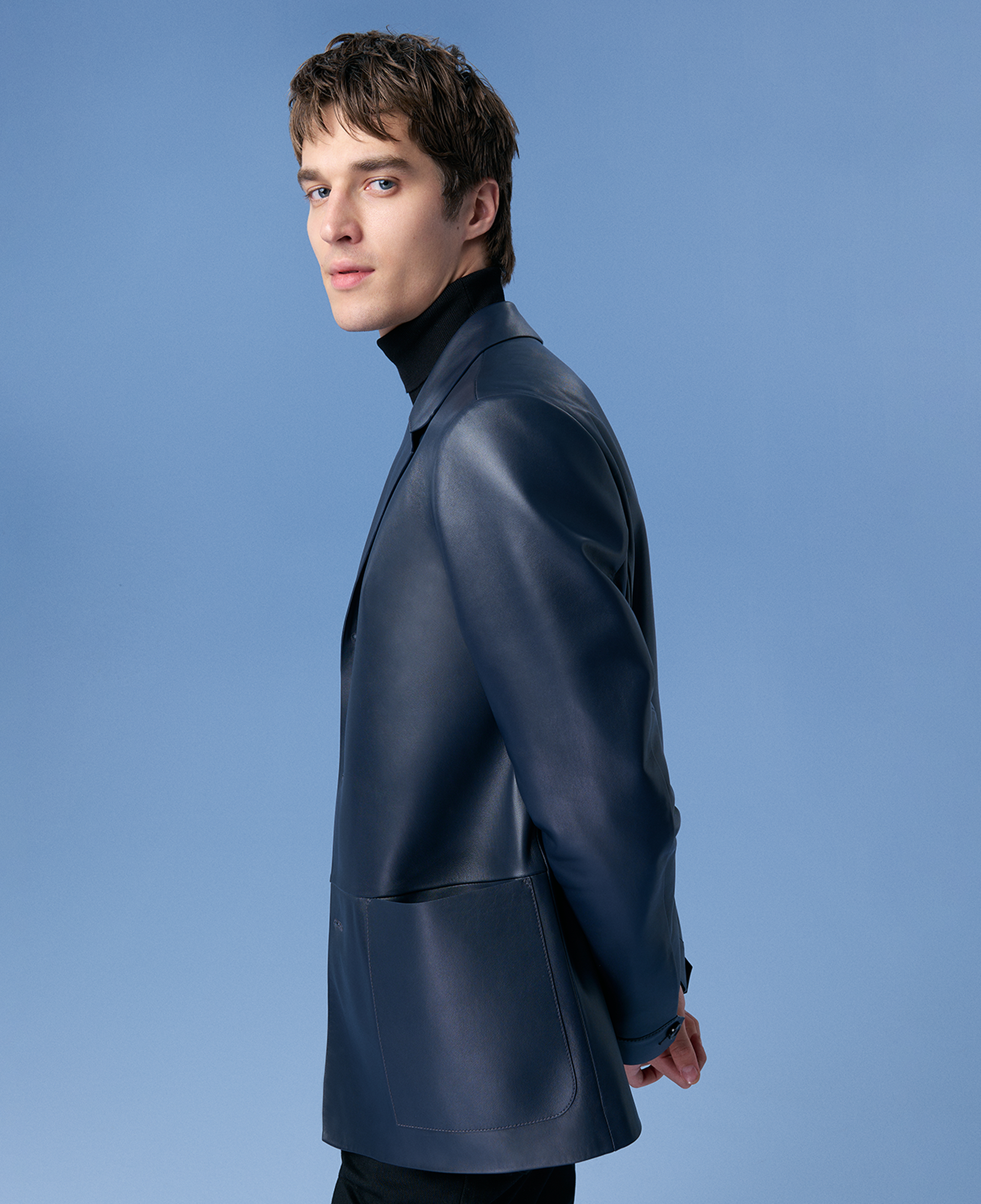 Auburn Mavi Erkek Deri Blazer Ceket