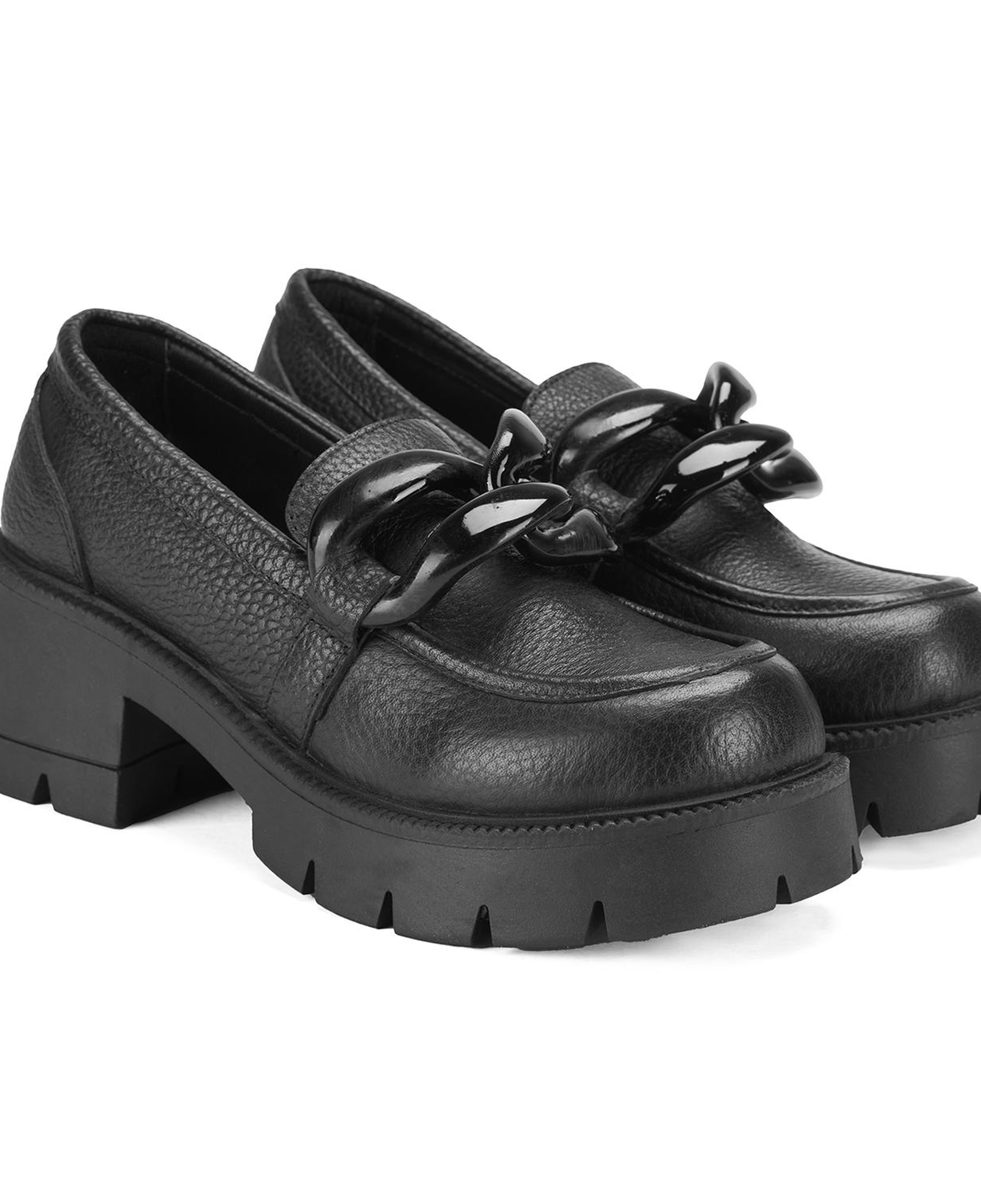 Kadın Siyah Deri Topuklu Loafer