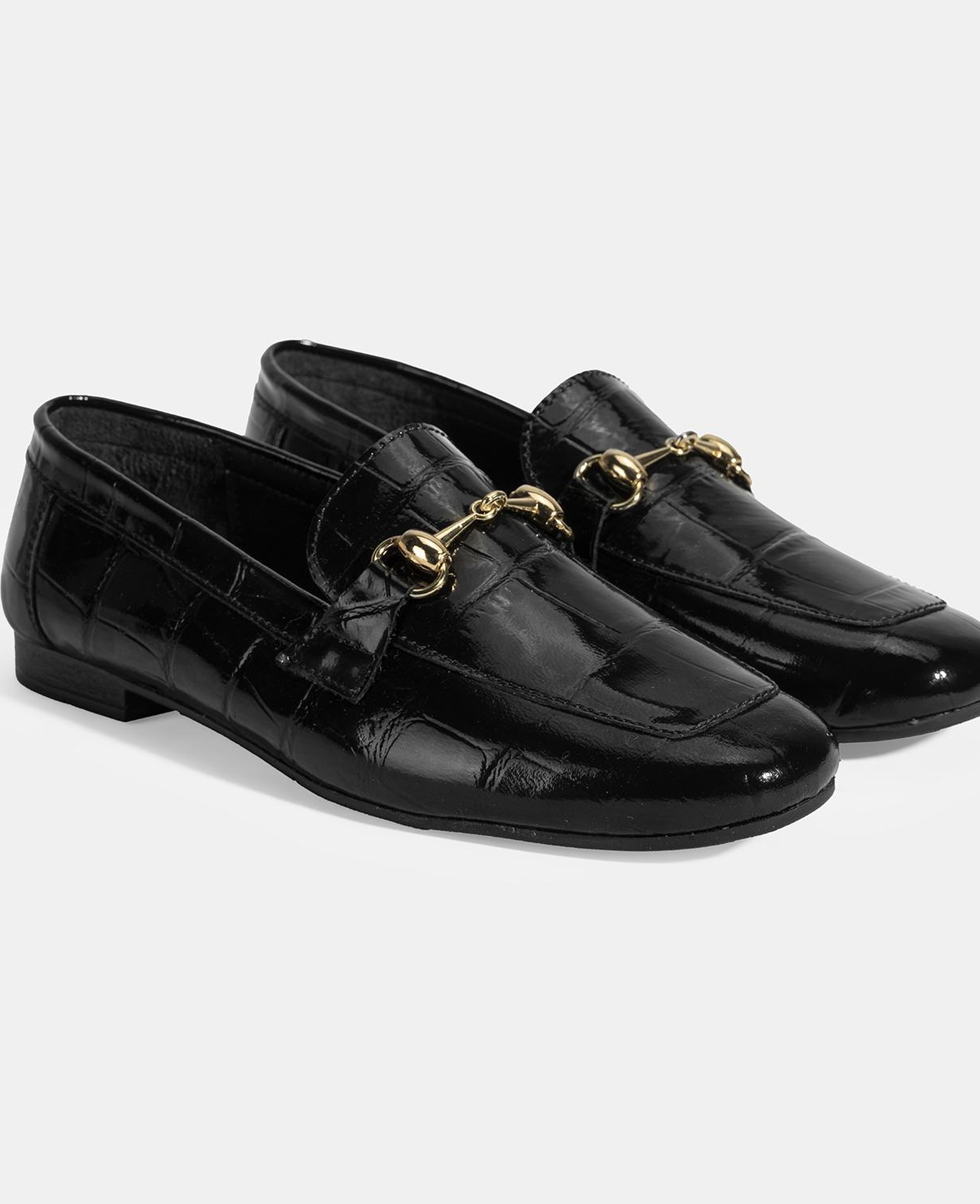 Kadın Siyah Kroko Baskılı Toka Detaylı Deri Loafer