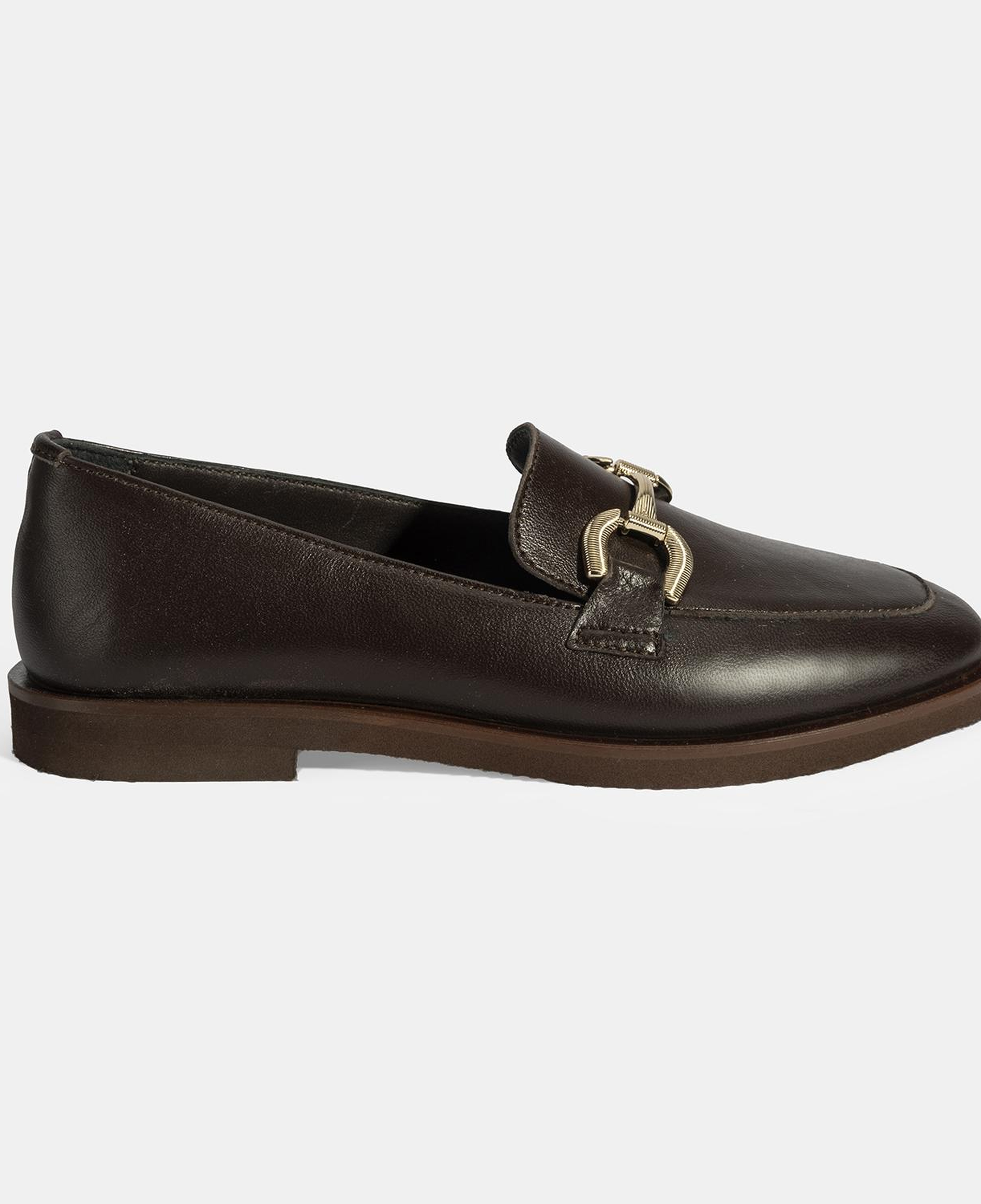 Kadın Kahve Metal Toka Aksesuarlı Deri Loafer