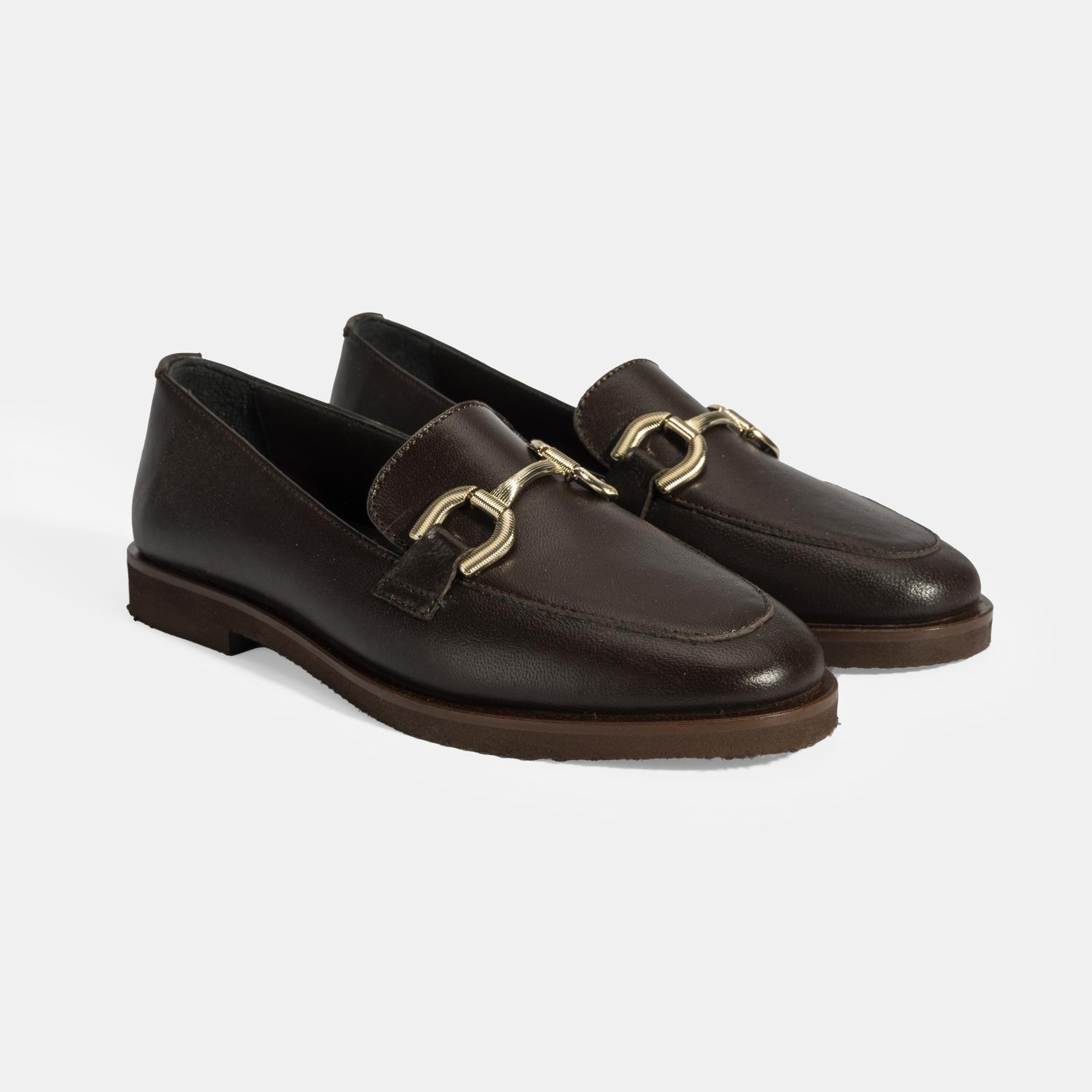 Kadın Kahve Metal Toka Aksesuarlı Deri Loafer