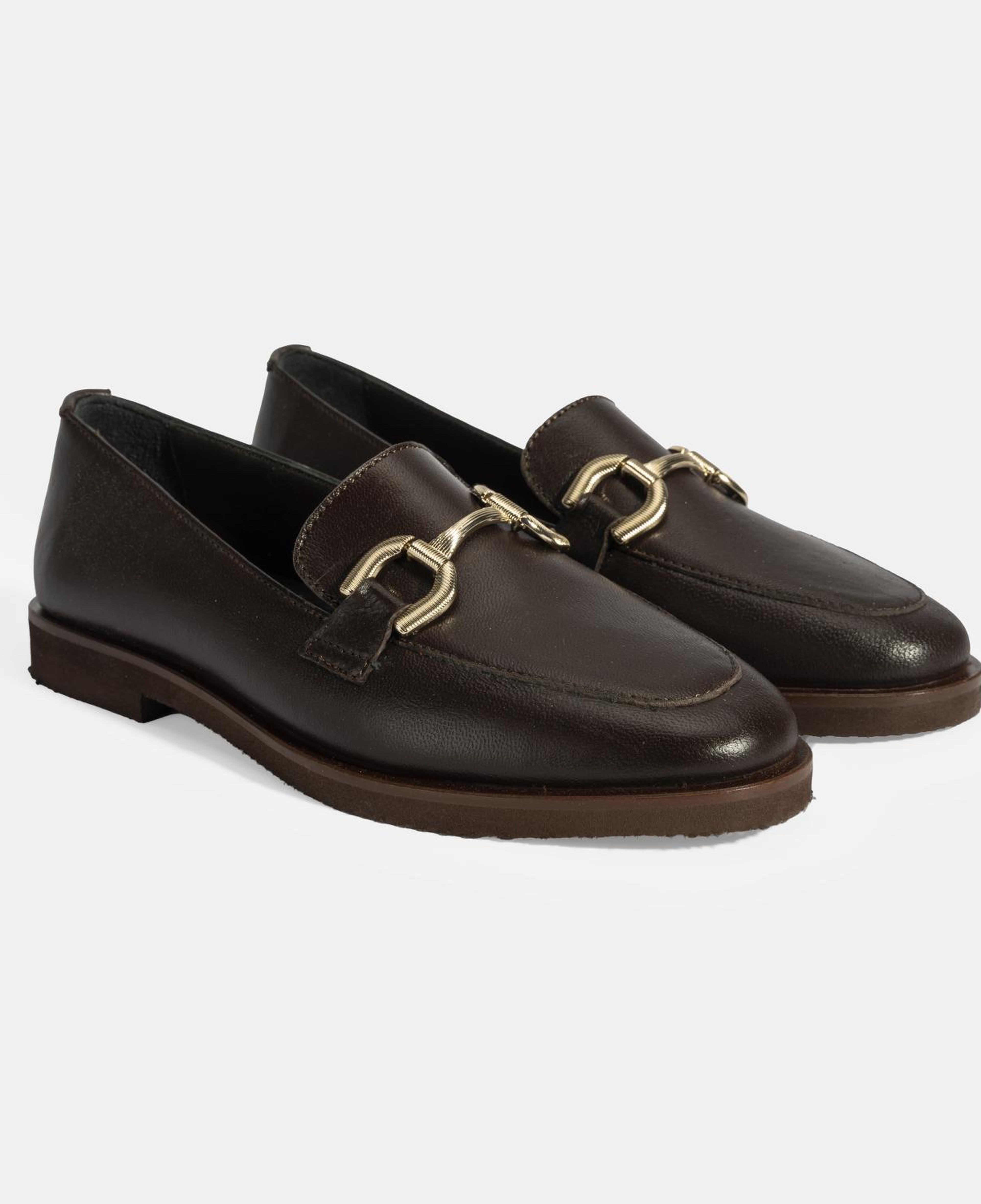 Kadın Kahve Metal Toka Aksesuarlı Deri Loafer