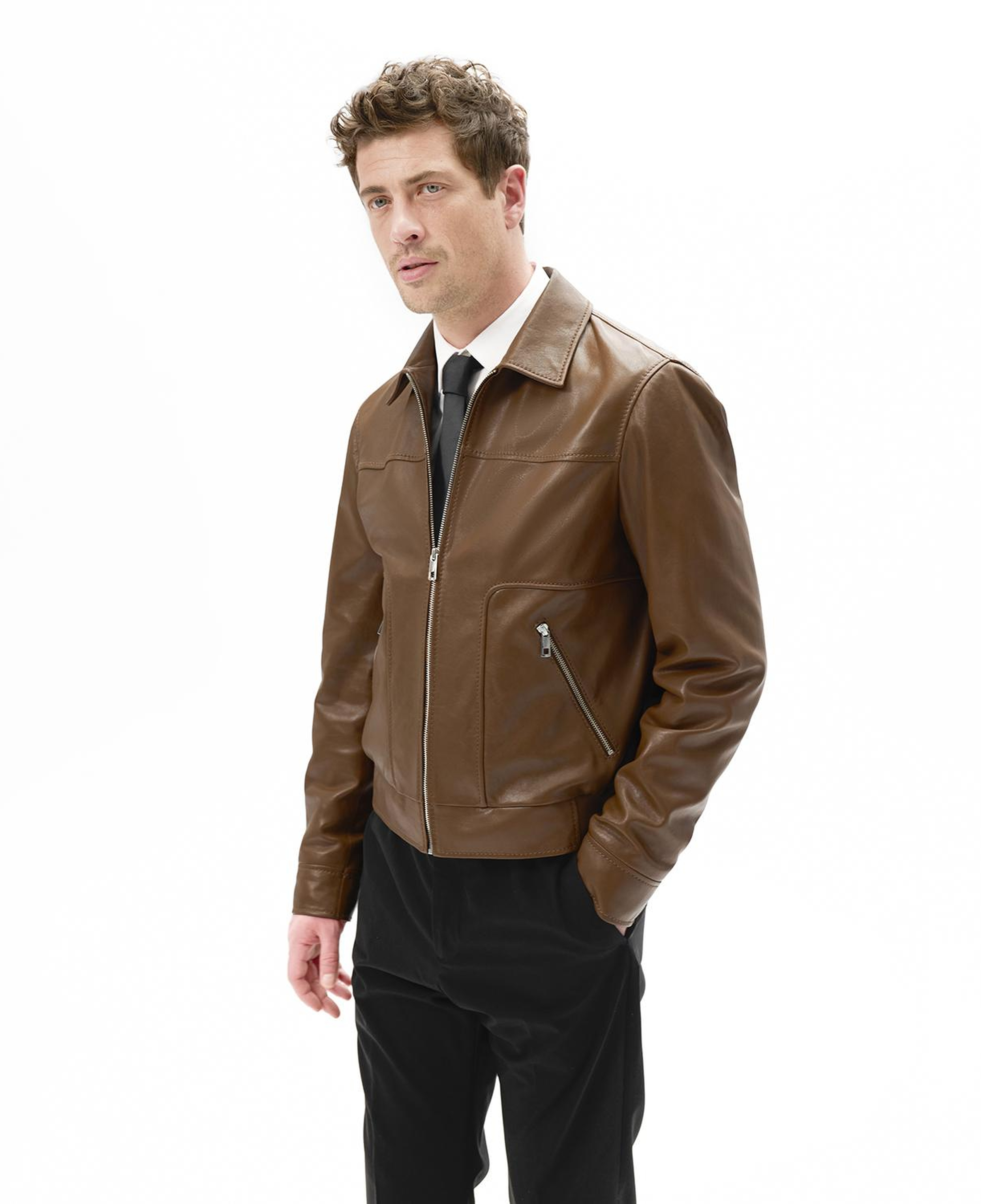 Erkek Taba Fermuarlı Gömlek Yaka Deri Ceket