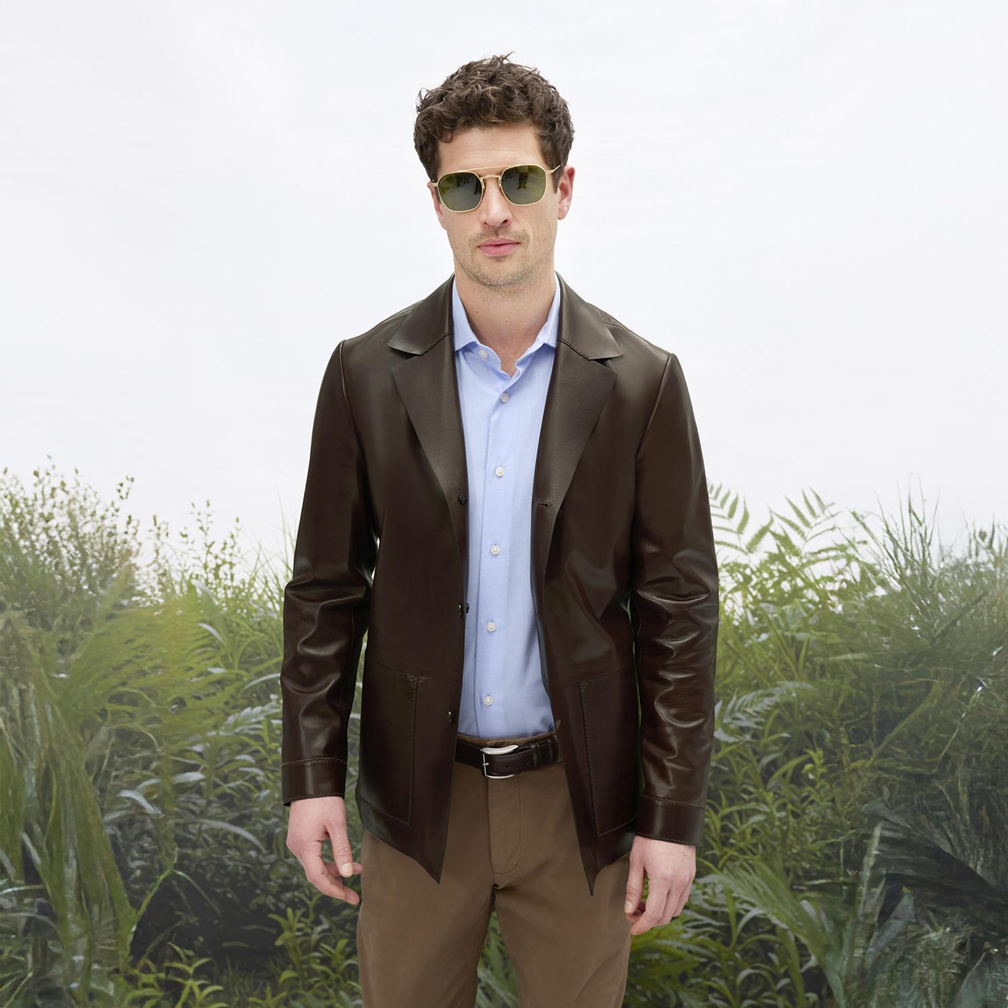 Erkek Kahve Gömlek Yaka Deri Blazer Ceket