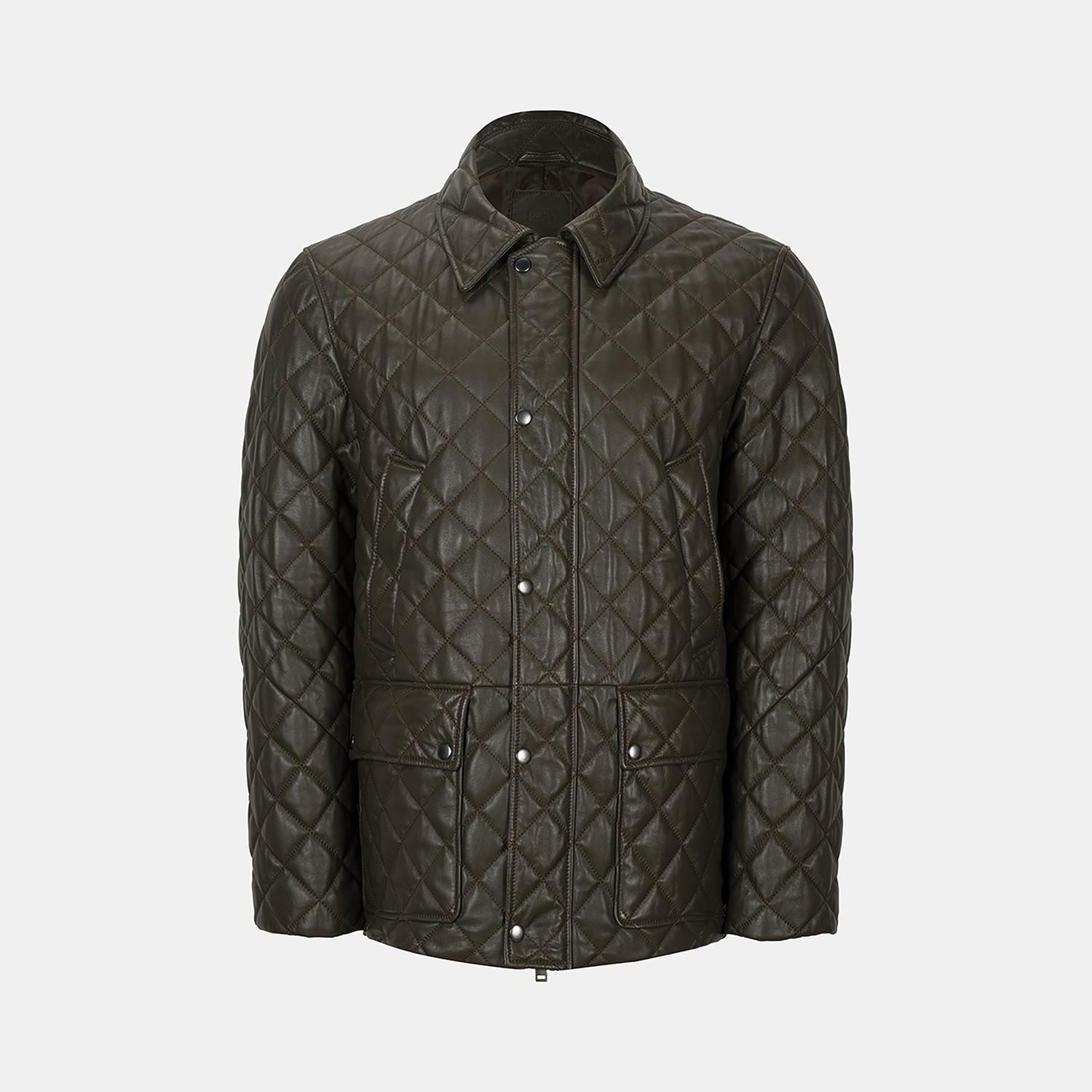 Erkek Yeşil Gömlek Yakalı Kapitoneli Deri Mont