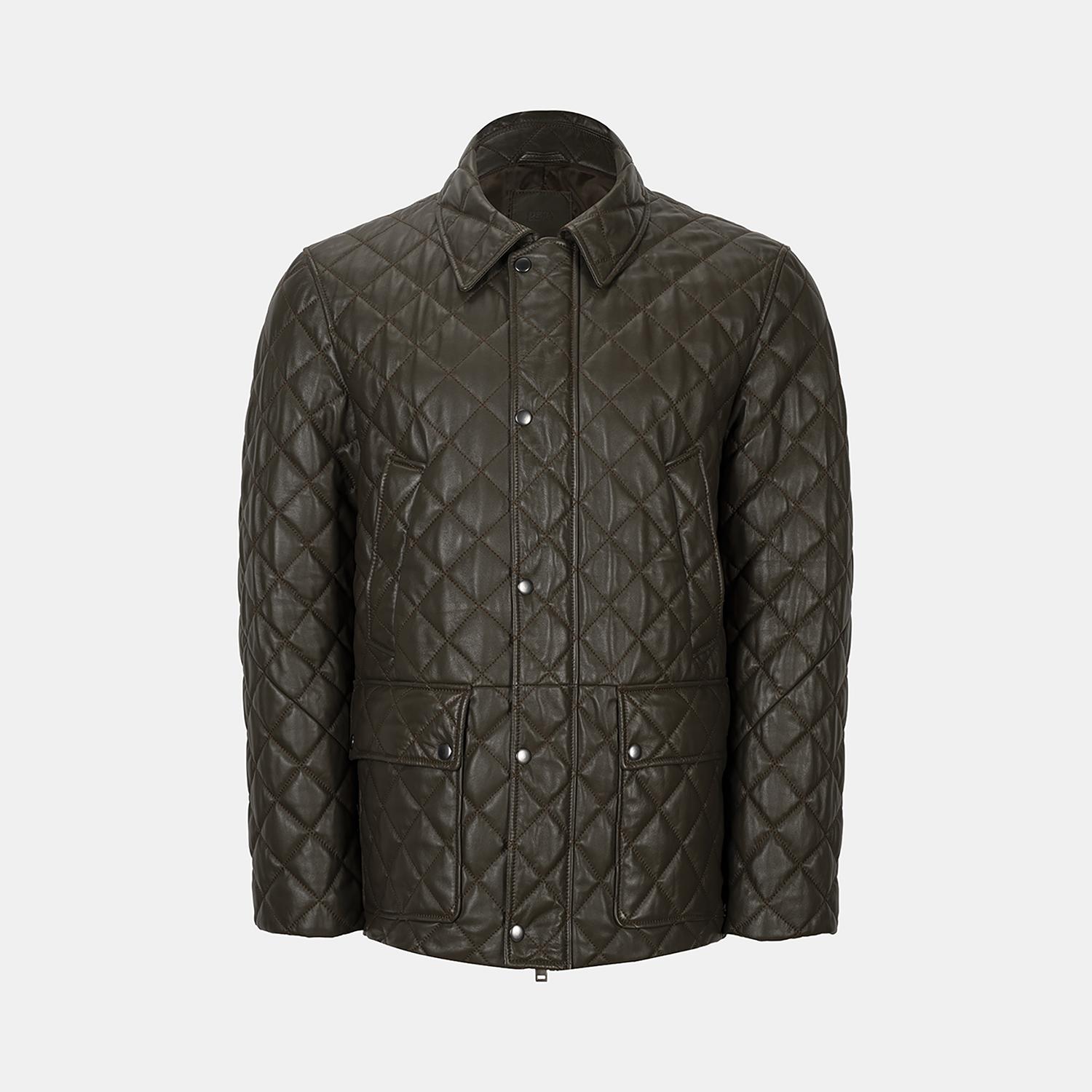 Erkek Yeşil Gömlek Yakalı Kapitoneli Deri Mont