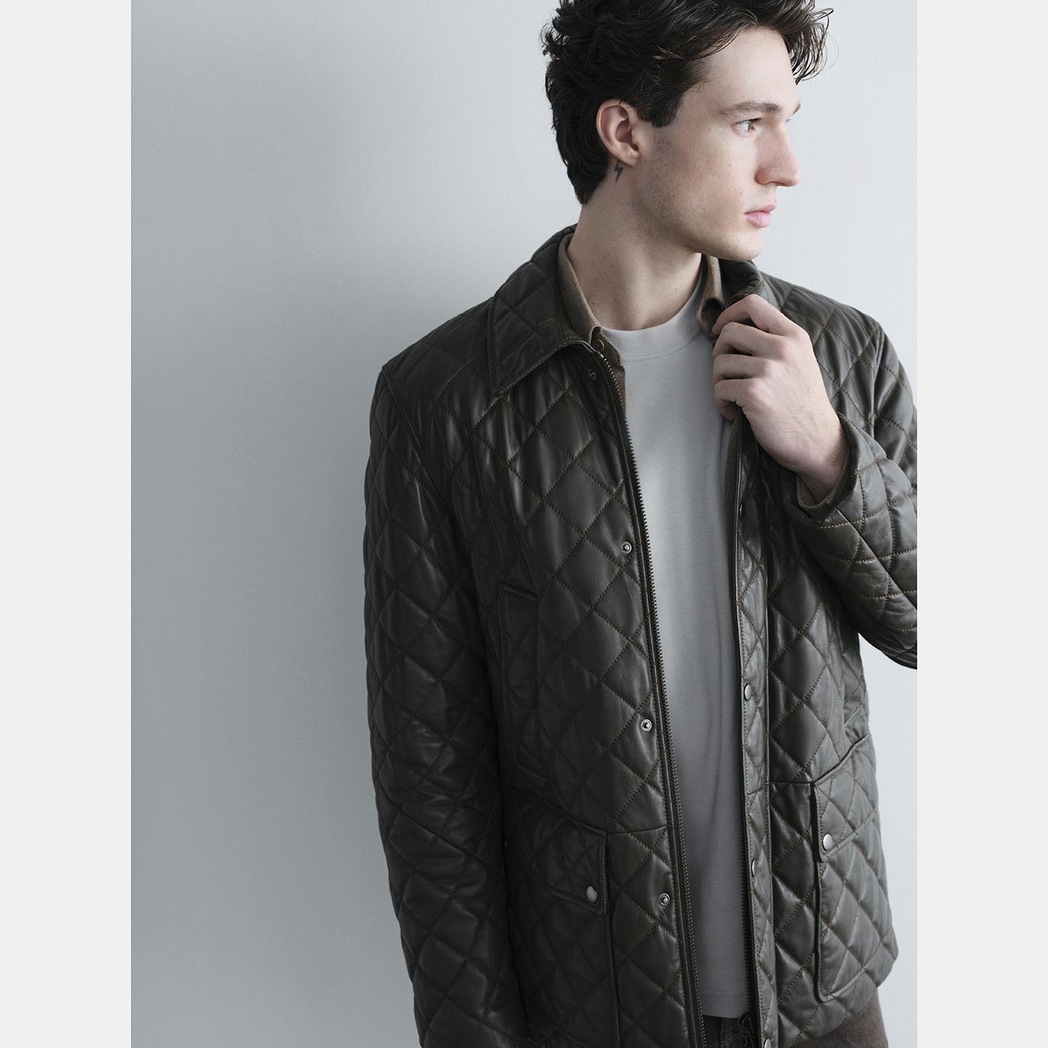 Erkek Yeşil Gömlek Yakalı Kapitoneli Deri Mont