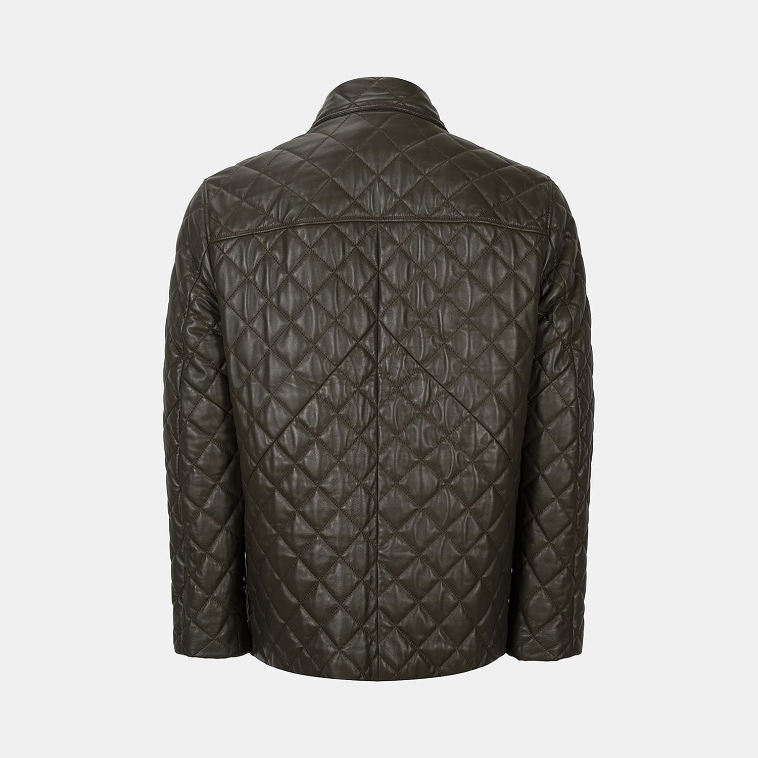 Erkek Yeşil Gömlek Yakalı Kapitoneli Deri Mont