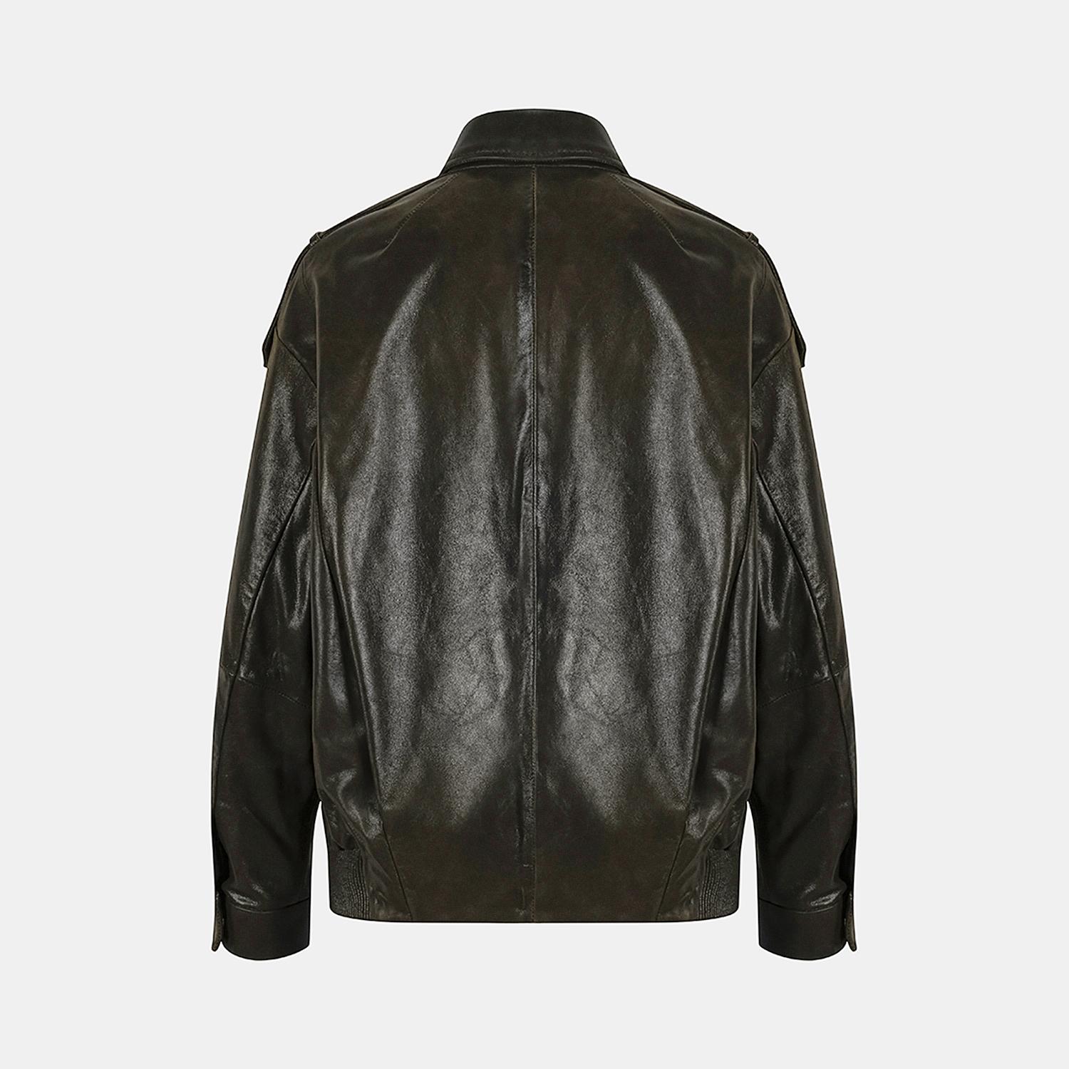 Kadın Yeşil Gömlek Yakalı Deri Bomber Ceket