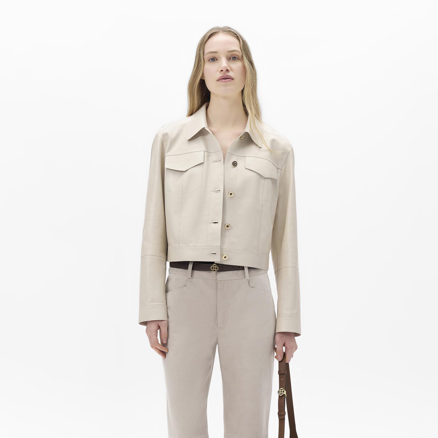 Kadın Beyaz Gömlek Yaka Metal Düğme Detaylı Deri Ceket