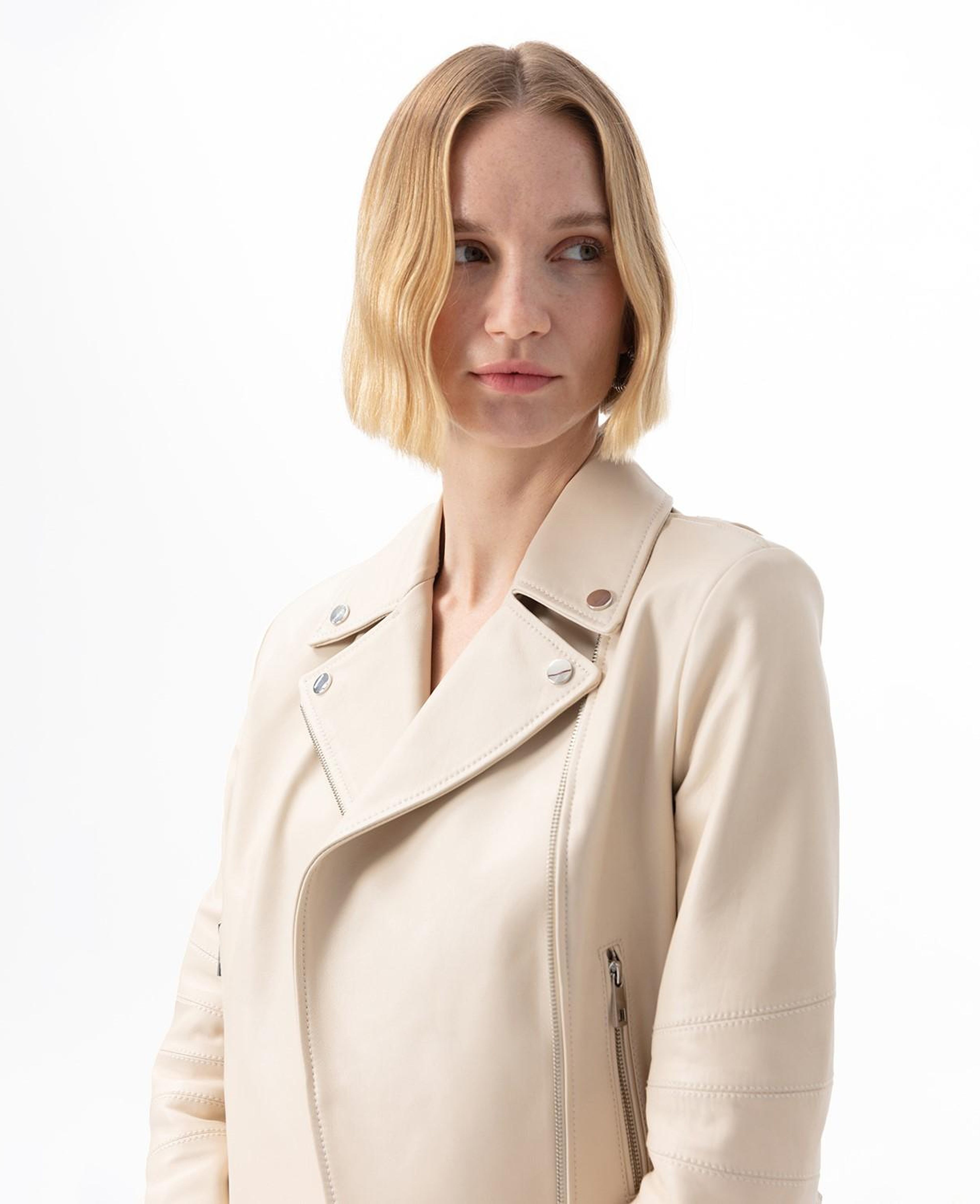 Adsilla Krem Kadın Deri Biker Ceket